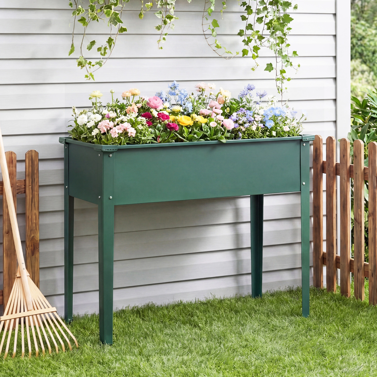 SlickBlue 40 Inch Standing Garden Bed with Drainage System Black Green