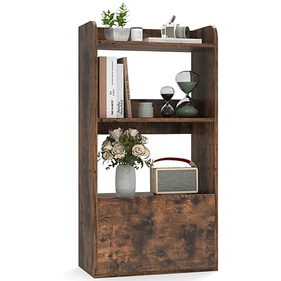 SUGIFT Rustic Brown Freestanding Bookshelf with 3-Tier Open Shelf and Pull-Out Drawer
