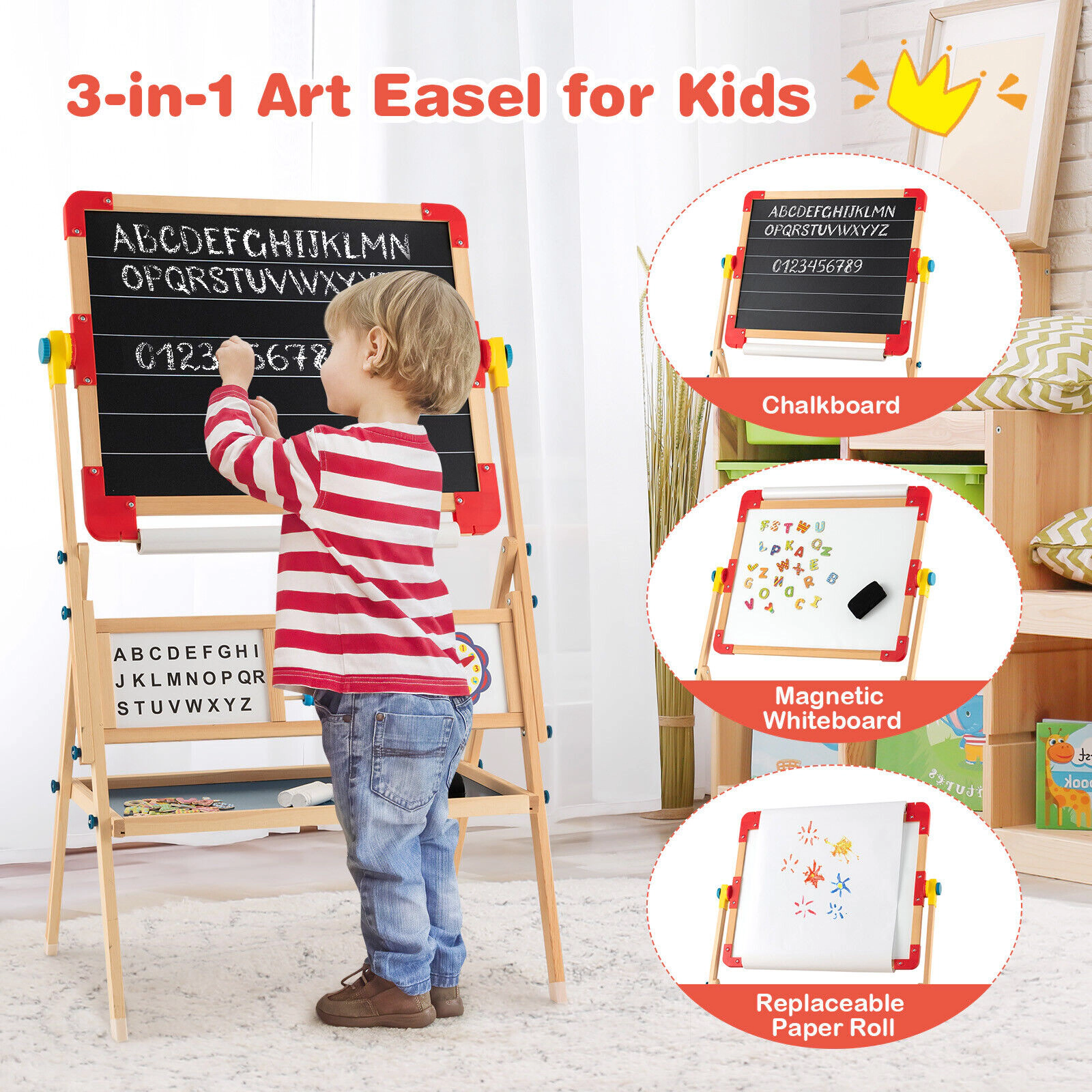 3-in-1 Wooden Art Easel for Kids with Alphabet Abacus Clock Learning Panels Paper Roll and Board Locks Flat as Table