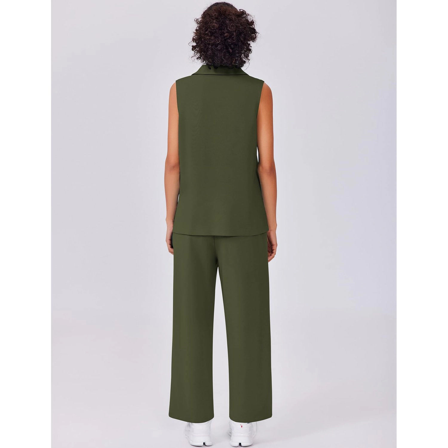 Pinspark Womens Sleeveless Polo V Neck Top Fall Wide Leg Drawstring Pants Casual Set