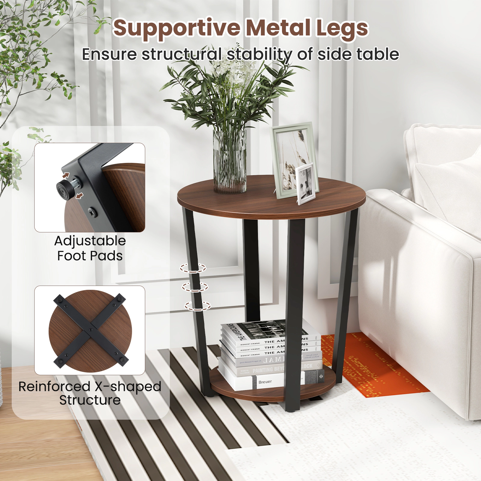 Glintex Round End Table with Open Shelf X-Braced Metal Frame and Adjustable Feet, Walnut