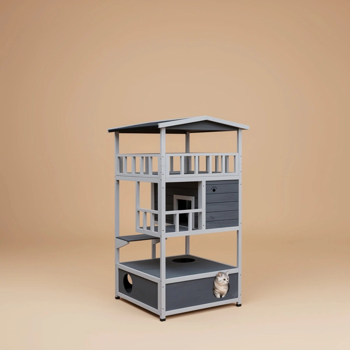 212 Main PawHut Wooden Outdoor Cat House & Feral Cat Shelter Kitten Tree with Asphalt Roof, Gray
