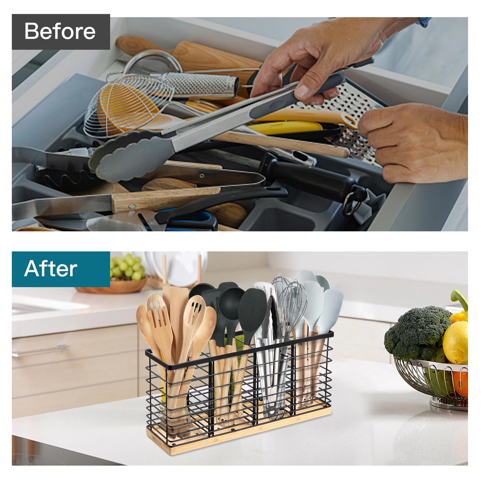 WZK Extra Large Wall Mounted Farmhouse Removable Divider Kitchen Utensil Holder