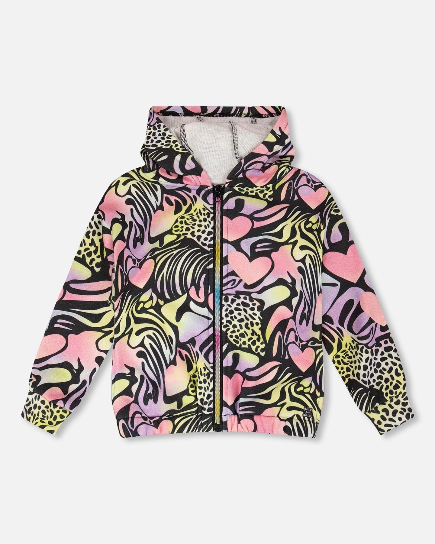 Deux par Girls Zip Front French Terry Animal and Heart Print Hoodie