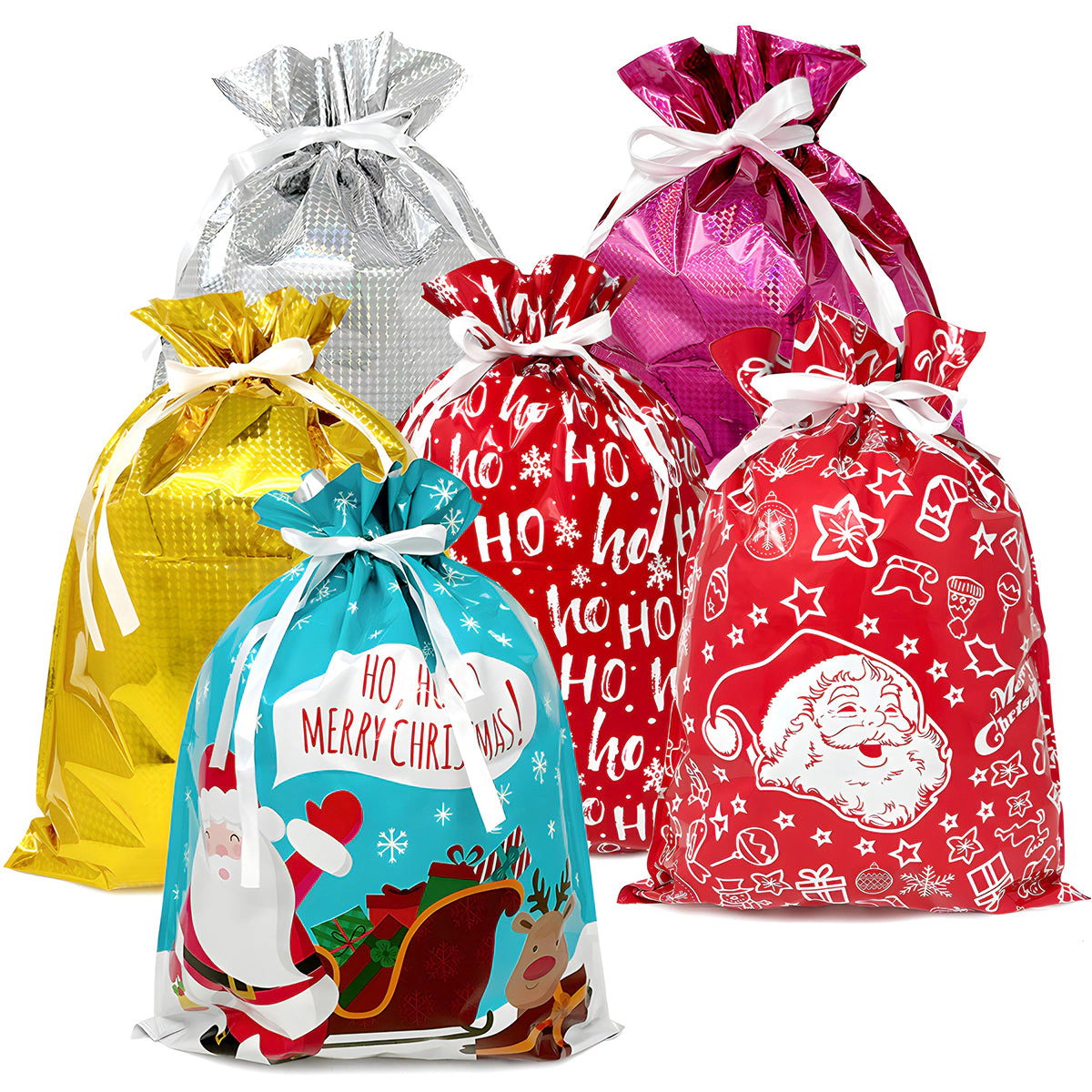 Wrapables Christmas Drawstring Gift Bags for Party Favors, Treats, Gift Wrap, Parties, (Set of 6) XL Red & White