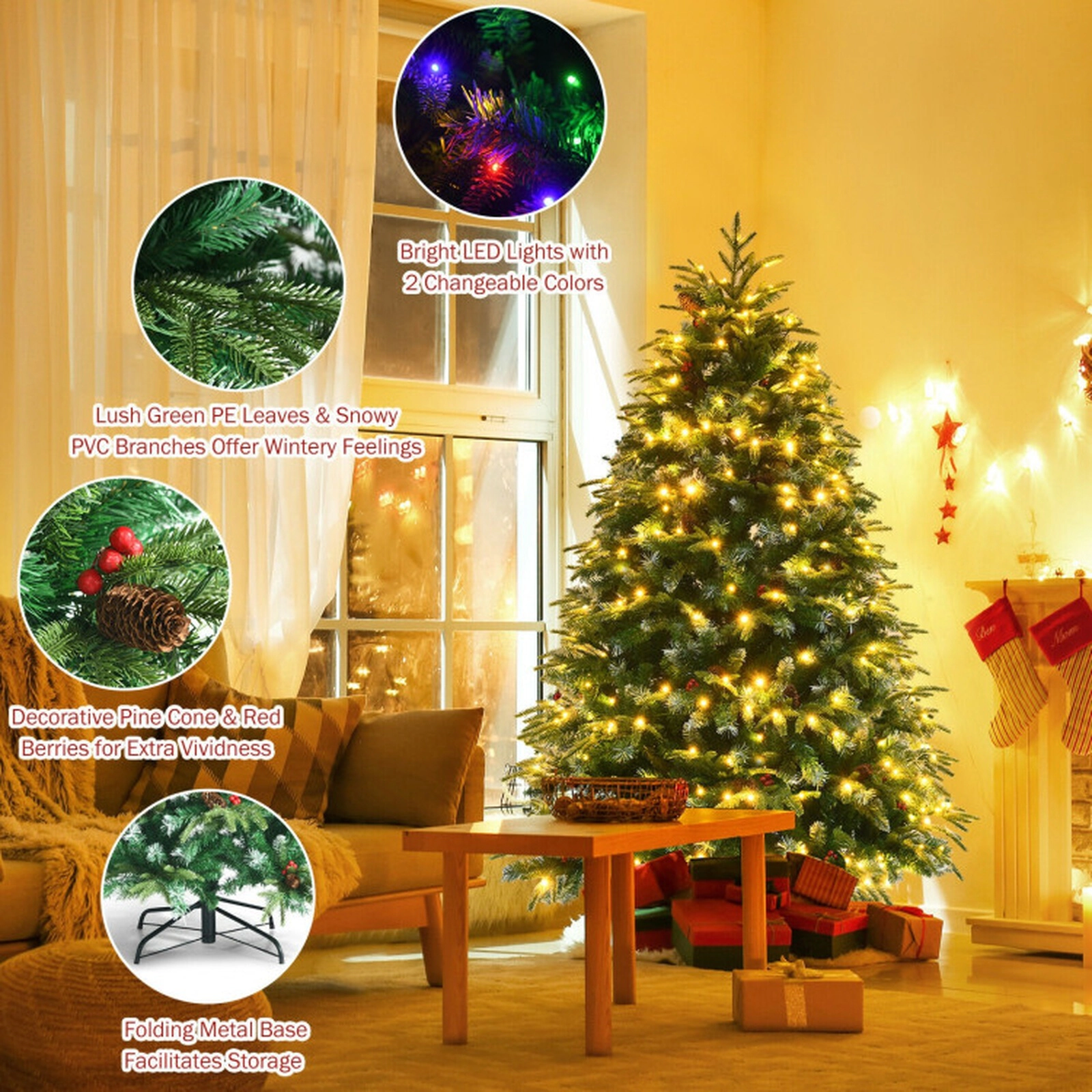 SUGIFT 5 ft Pre-Lit Snowy Christmas Tree Hinged with Multi-Color Lights and Flash Modes