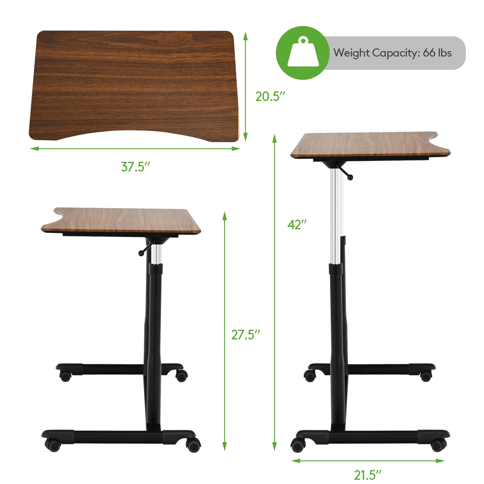 SUGIFT Height Adjustable Sit to Stand Rolling Computer Desk With 37.5 x 21.5 in Work Surface 66-Lb Capacity Brown