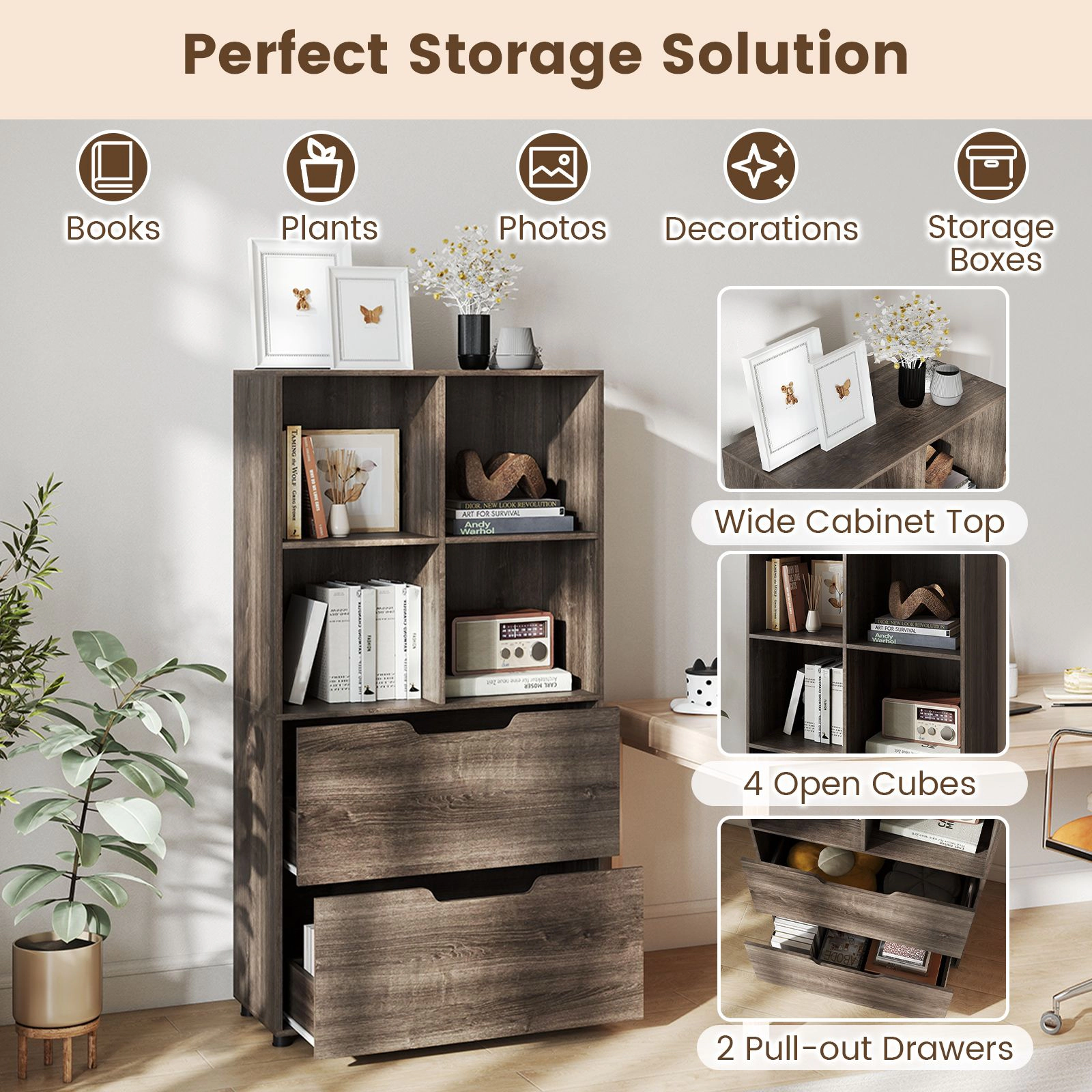 SlickBlue 51 Inch Bookcase with Drawers and Open Cube Storage Shelves