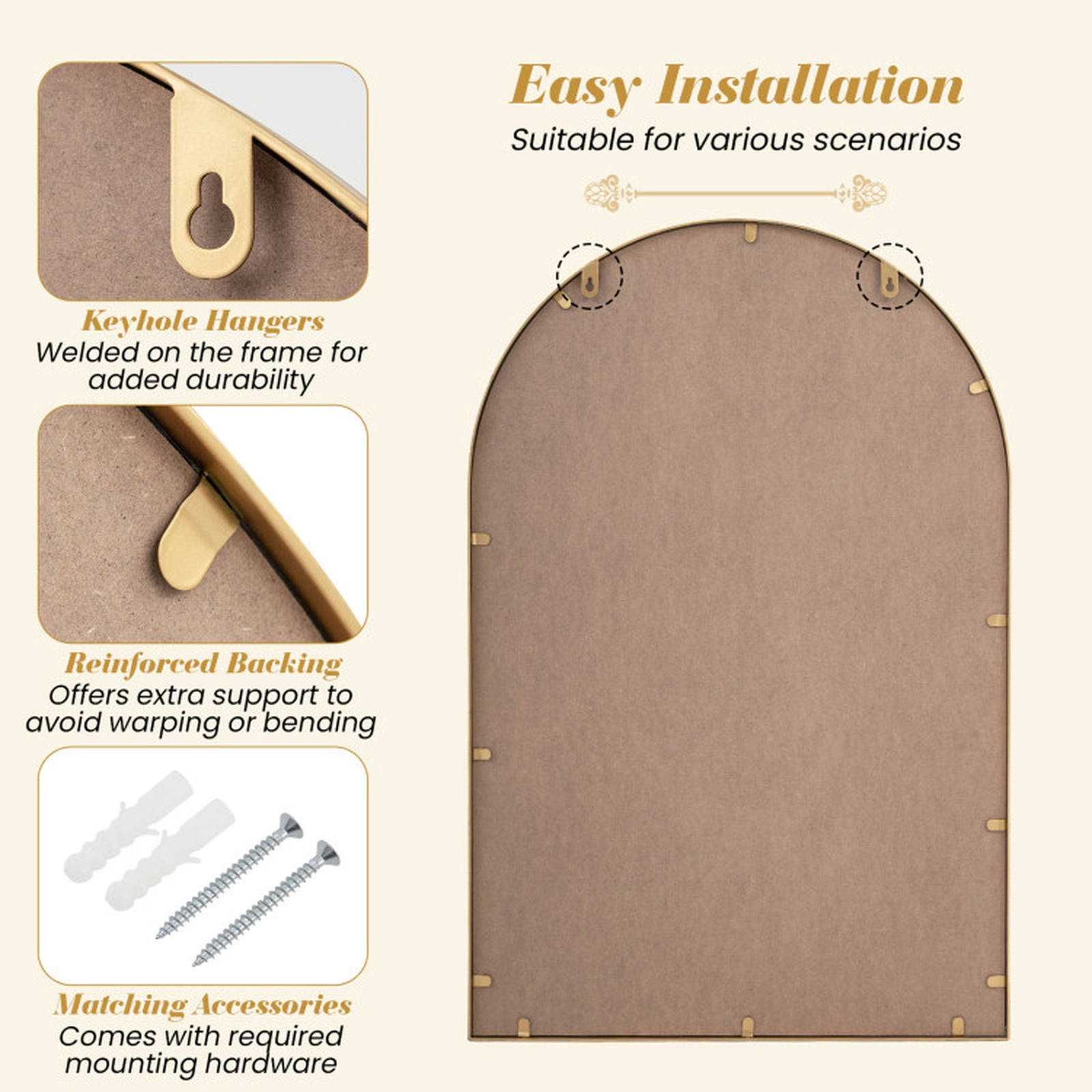 SUGIFT 36 x 24 in Decorative Wall Mirror with Gold Beaded Metal Frame MDF Backing and Wall-Mounting Hardware Gold