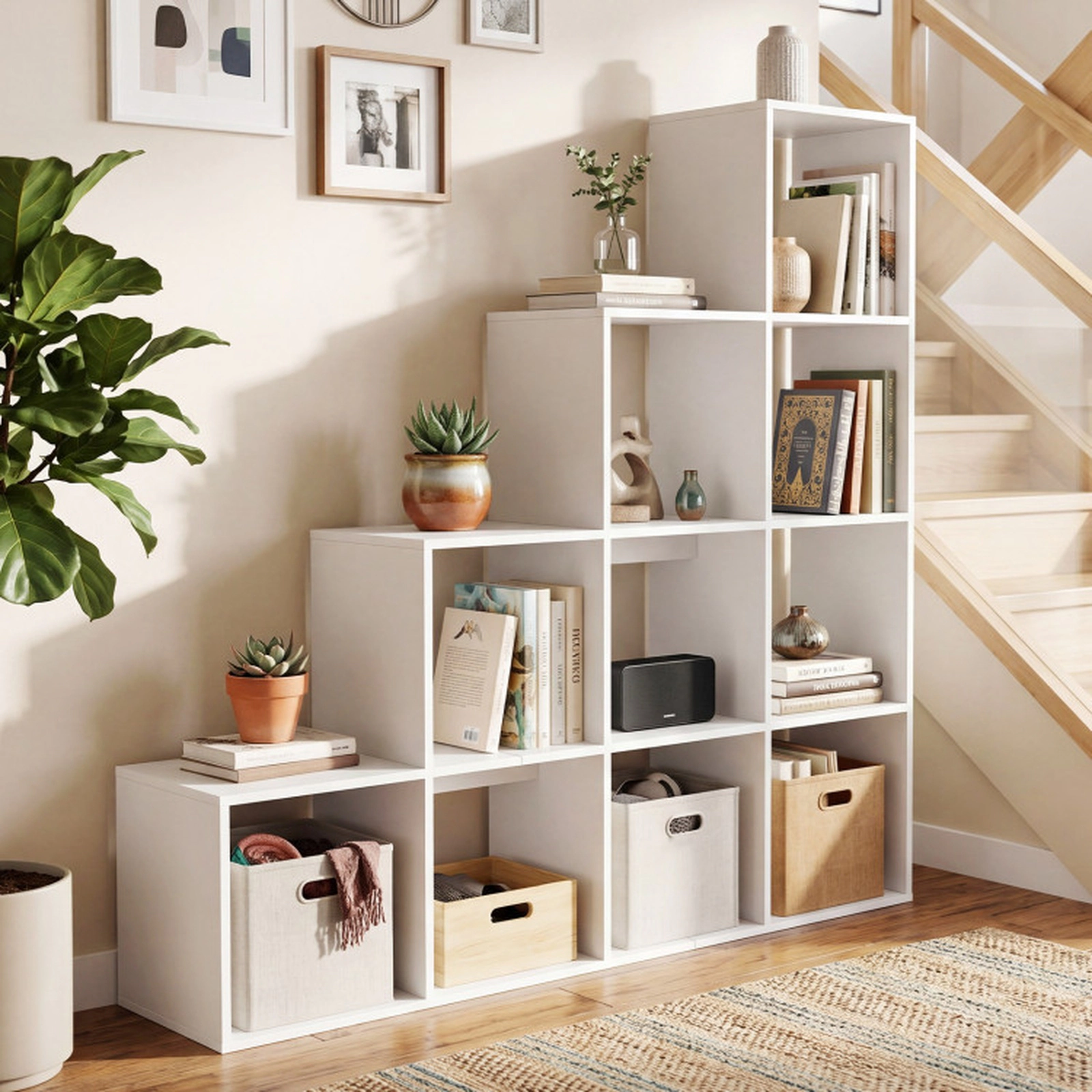 SUGIFT 4-Tier 10-Cube White 51-in Wide Open Display Bookshelf with 2 Anti-Tipping Kits for Study and Office