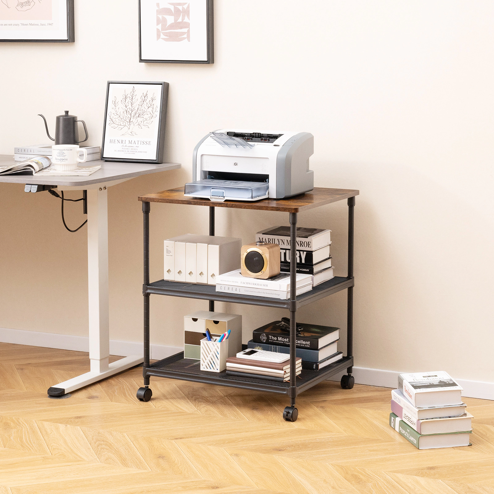 SUGIFT 3-Tier 110-lb Capacity Coffee Rolling Printer Stand Cart with Adjustable Shelf and Swivel Wheels