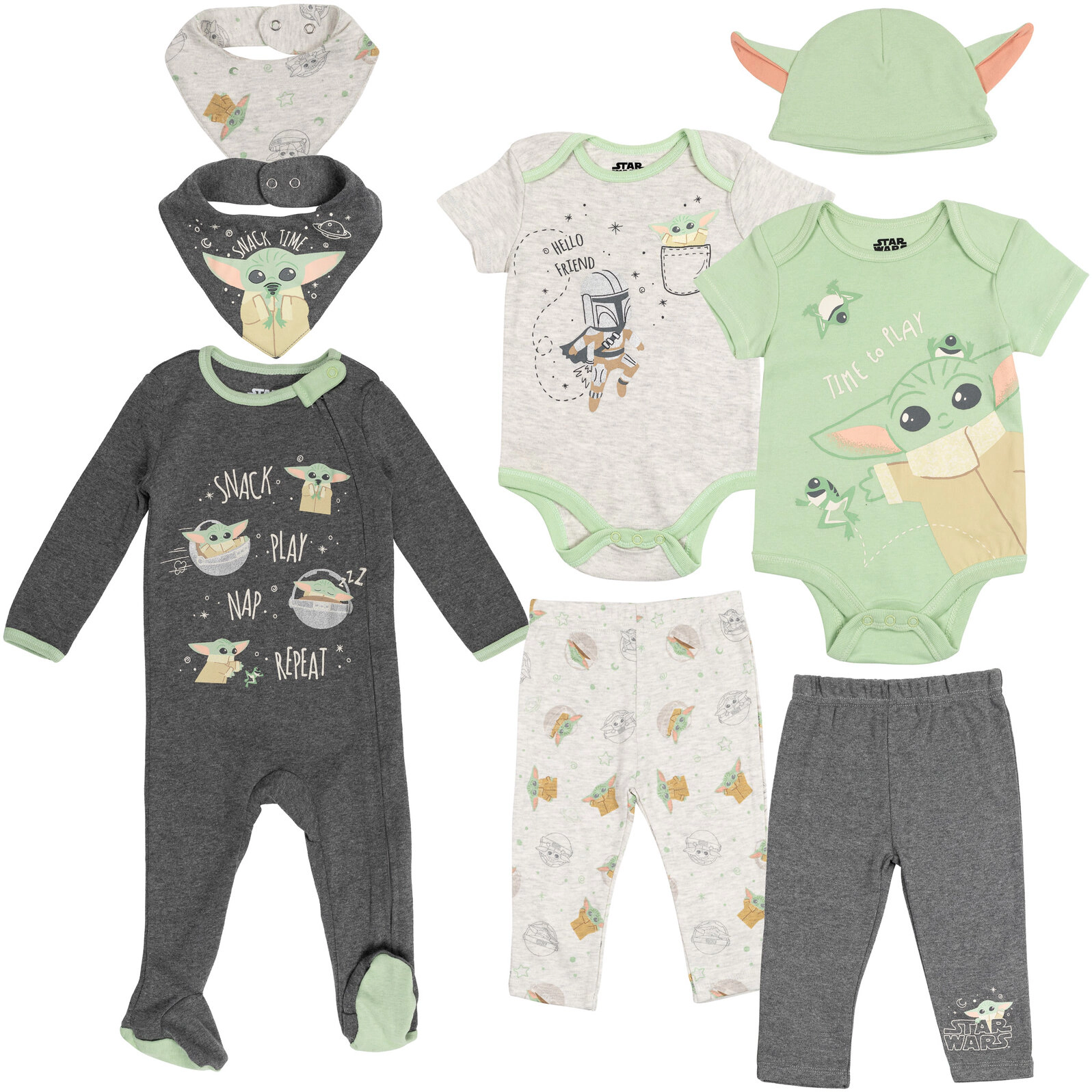 Star Wars The Mandalorian Grogu Baby 8-Piece Bodysuit and Pants Set