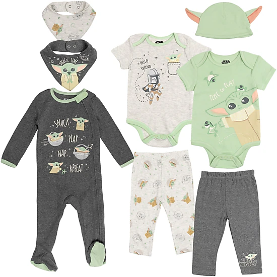 Star Wars The Mandalorian Grogu Baby 8-Piece Bodysuit and Pants Set