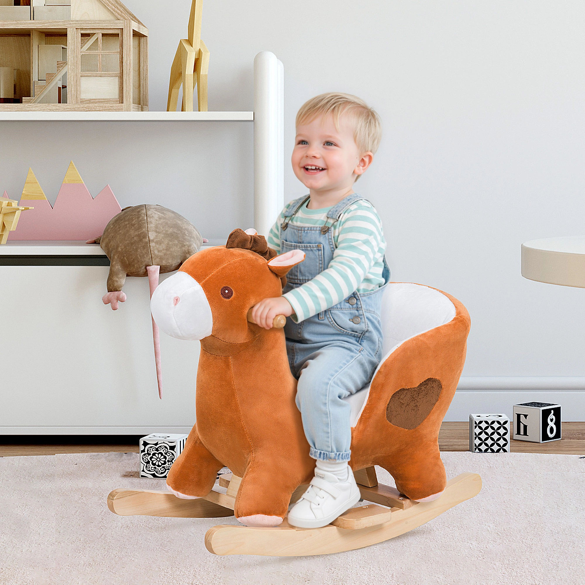 HONGGE Kids Wooden Rocking Horse with Plush Cover and Lullaby Sound, Sturdy Steel Frame, Brown, Ages 18 Months+