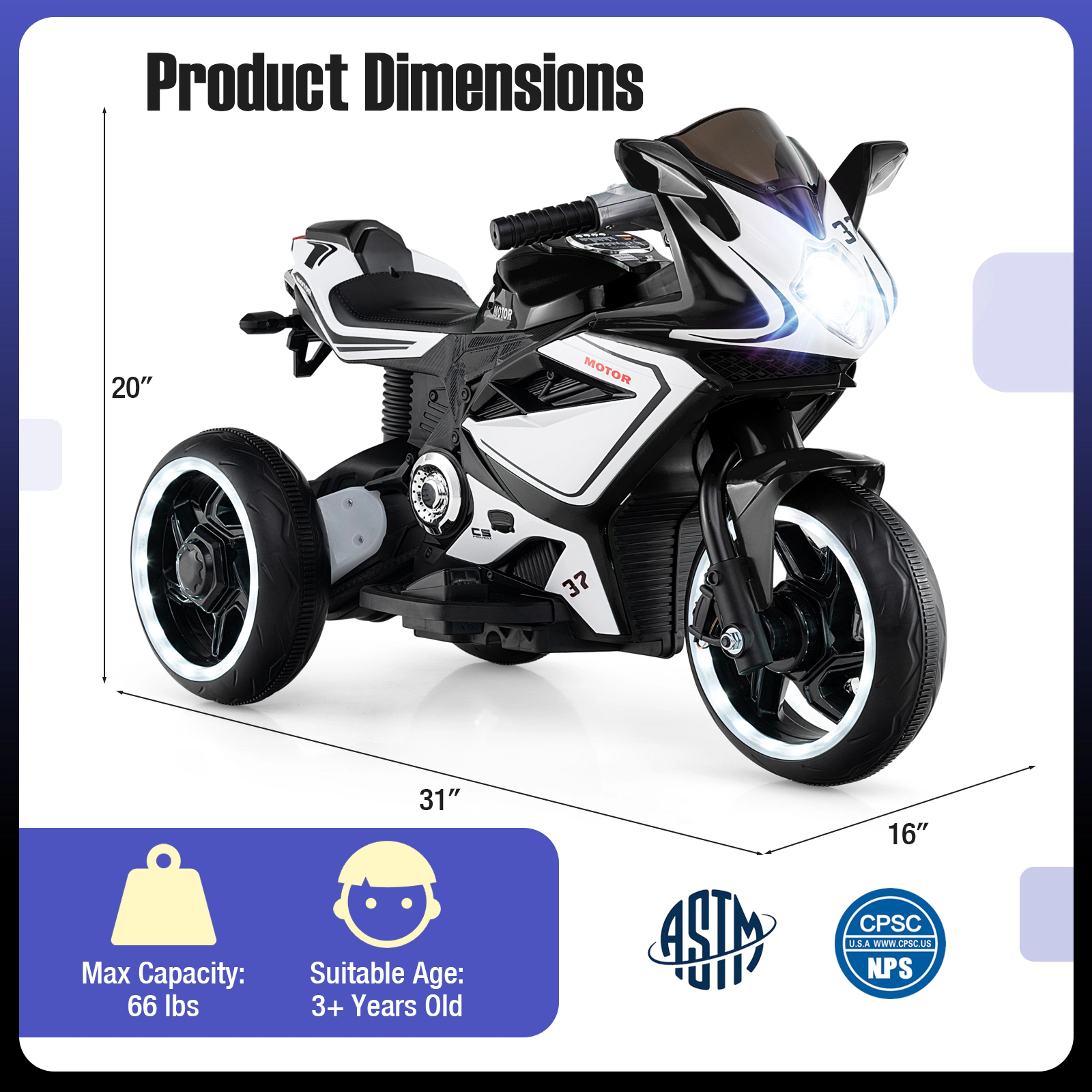 SUGIFT 6V Battery Powered Kids Ride On Motorcycle with LED Lights Mini Electric Motorbike 66-lb Capacity Ages 3+ Black