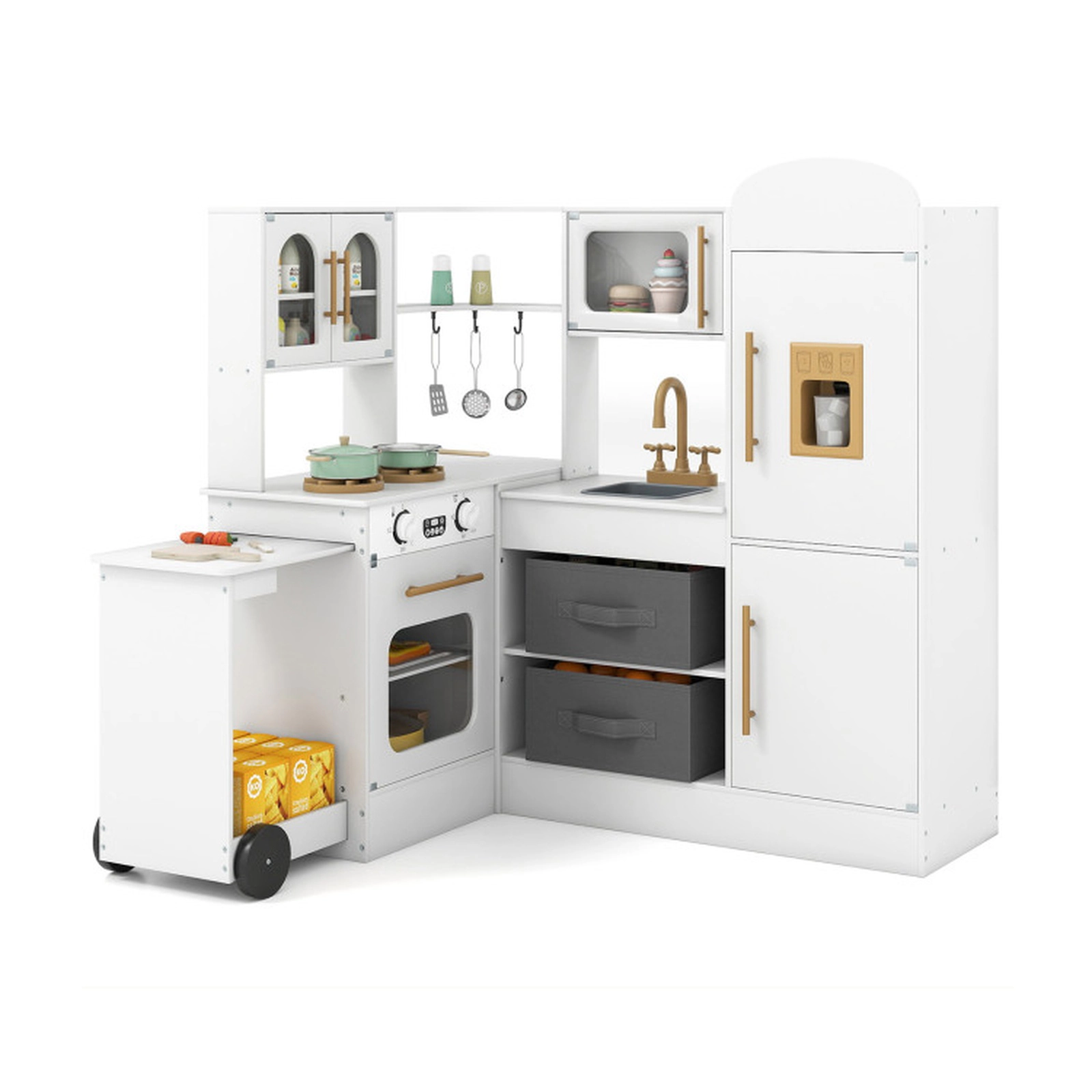 SUGIFT White Pull-Out Countertop Lights and Sounds Corner Kids Wooden Play Kitchen