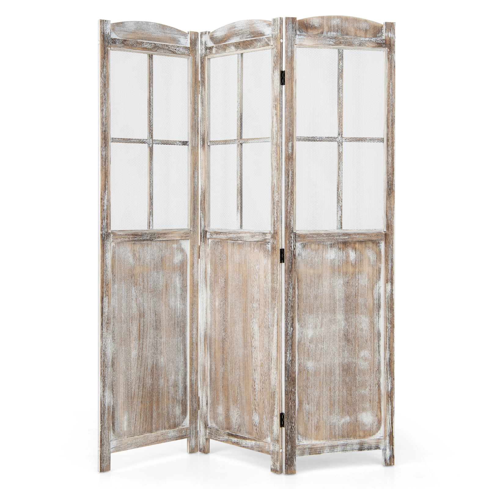 SUGIFT Coffee 54-in Wide 70-in Tall Folding Privacy Screen Room Divider with Paulownia Wood Mesh Windows
