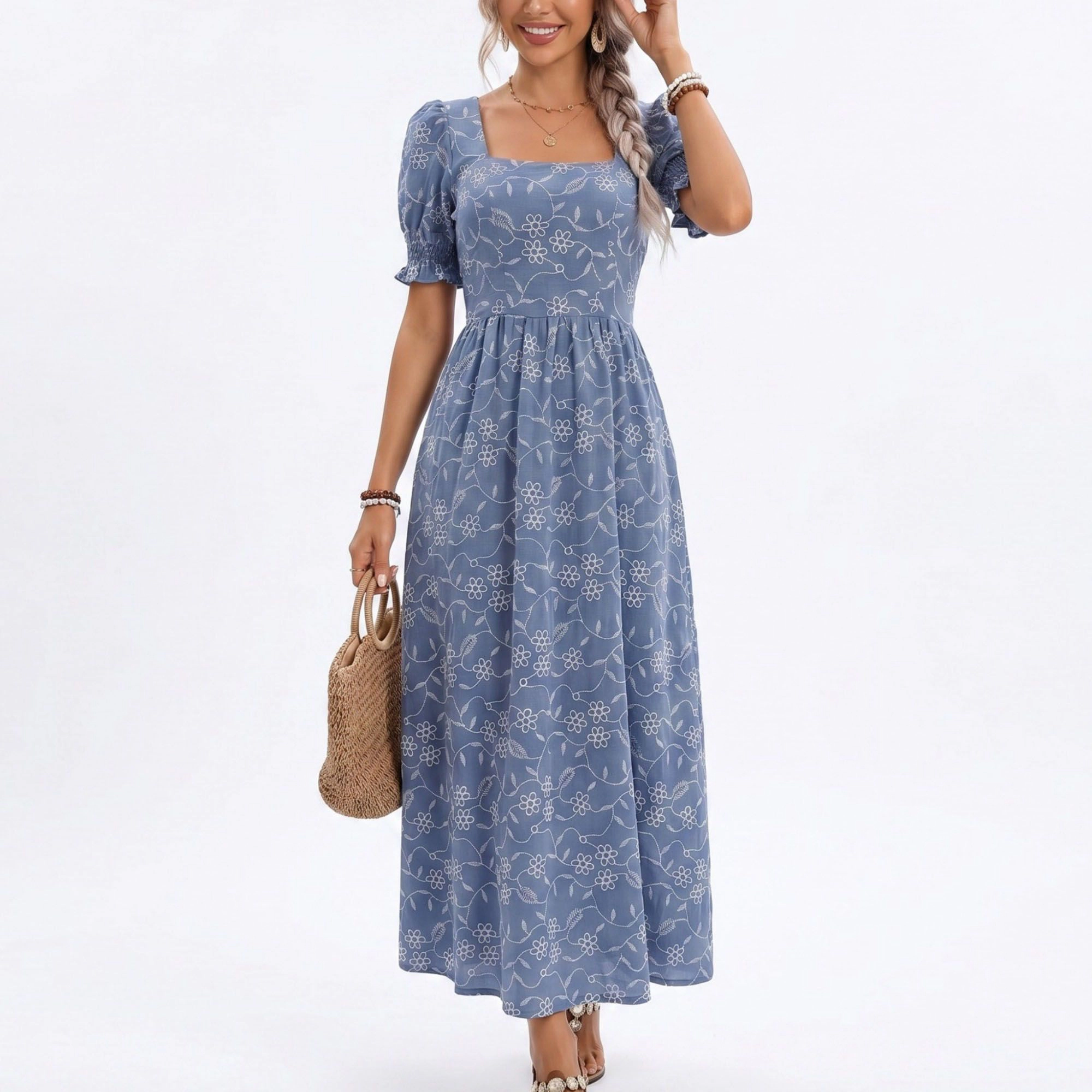 Anna-Kaci Women's Floral Embroidered Puff Sleeve Midi Dress