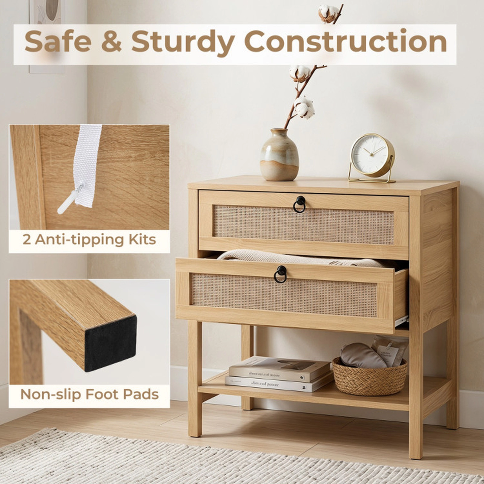 SUGIFT 27-Inch Whitewashed Oak Boho Rattan Nightstand with 2 Drawers and Open Shelf