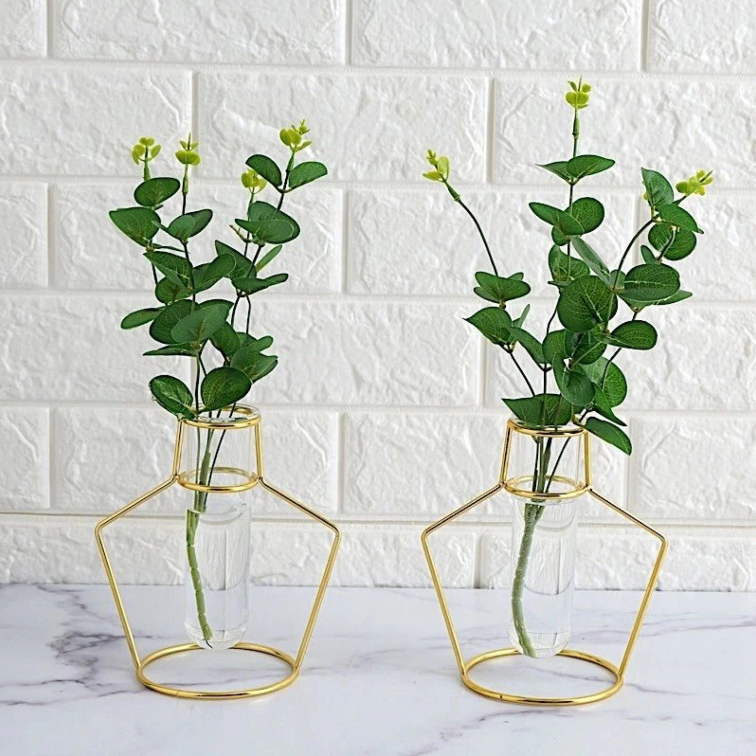 Home Collection Gold Geometric Metal Flower Vases with Glass Tubes Set of 2