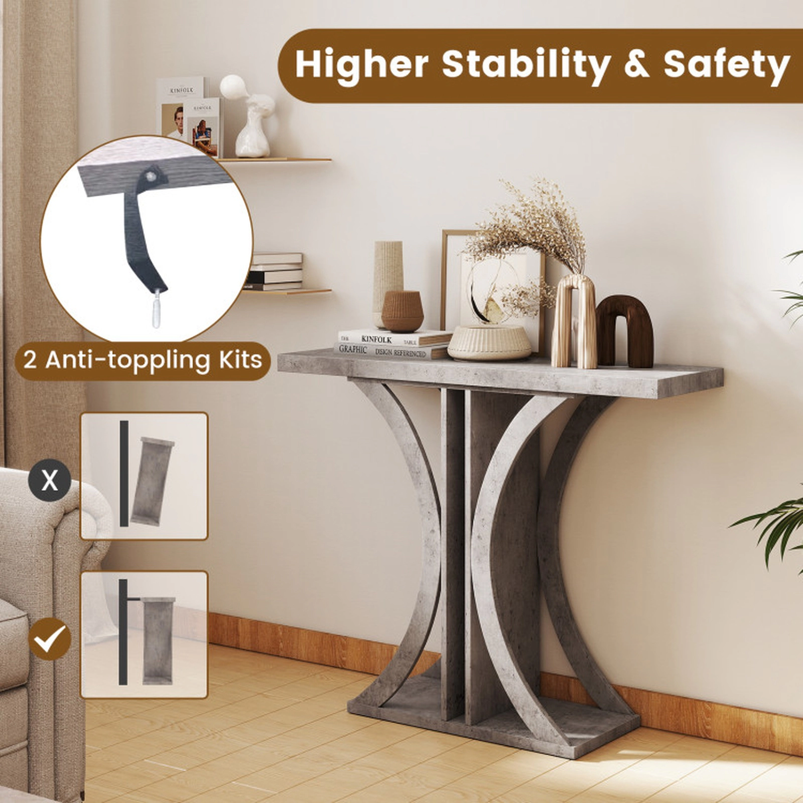 SUGIFT 39.5-in 11.5-in Narrow 110-lb Capacity Gray Console Table with Geometric Frame and Anti-Tip Kits