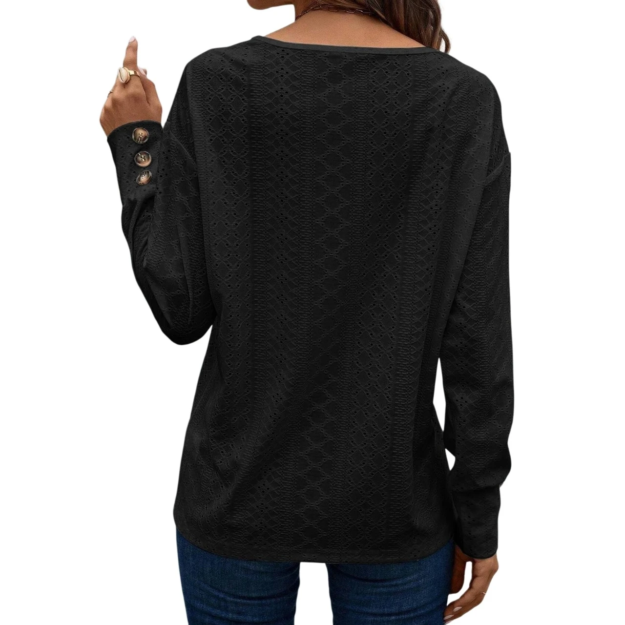 YesFashion Women's Eyelet V Neck Long Sleeve T Shirt Blouses Dressy Casual Embroidered Tops