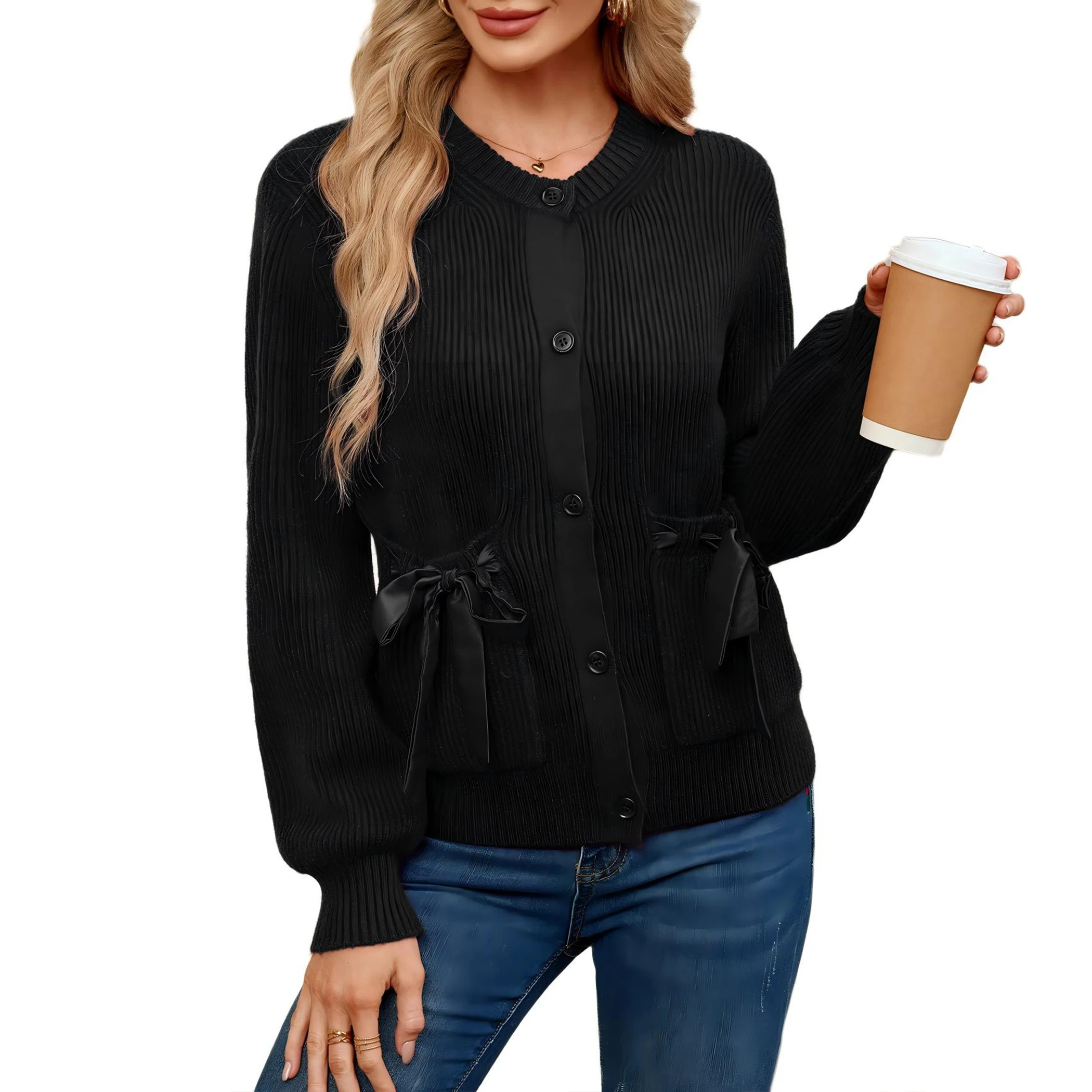 YesFashion Women's Side Tie Long Sleeve Button Cardigan Sweaters Open Front Fall Winter Outfits