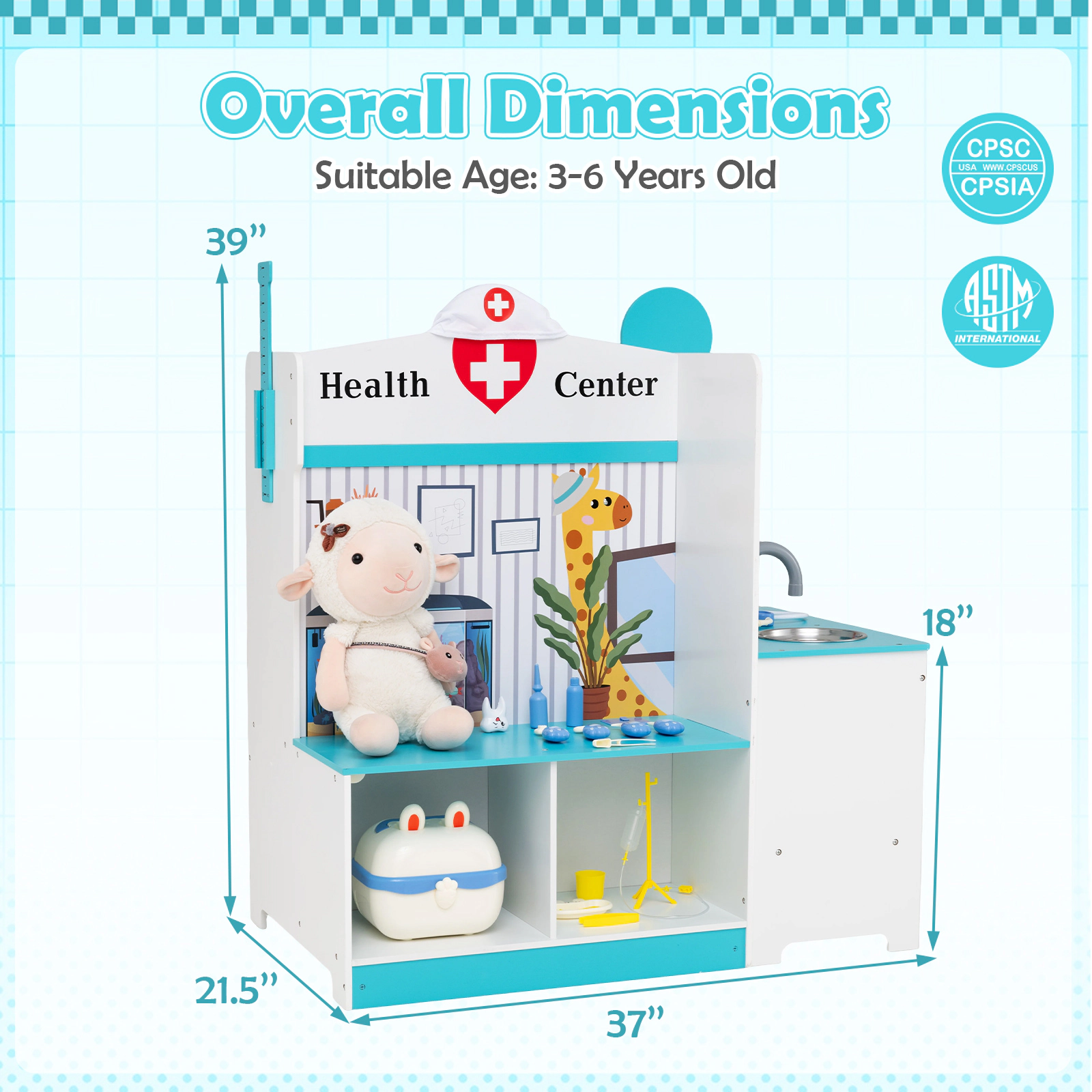 SUGIFT Blue Height Measuring Bar ECG Monitor and 27 Accessories Kids Doctor Play Set