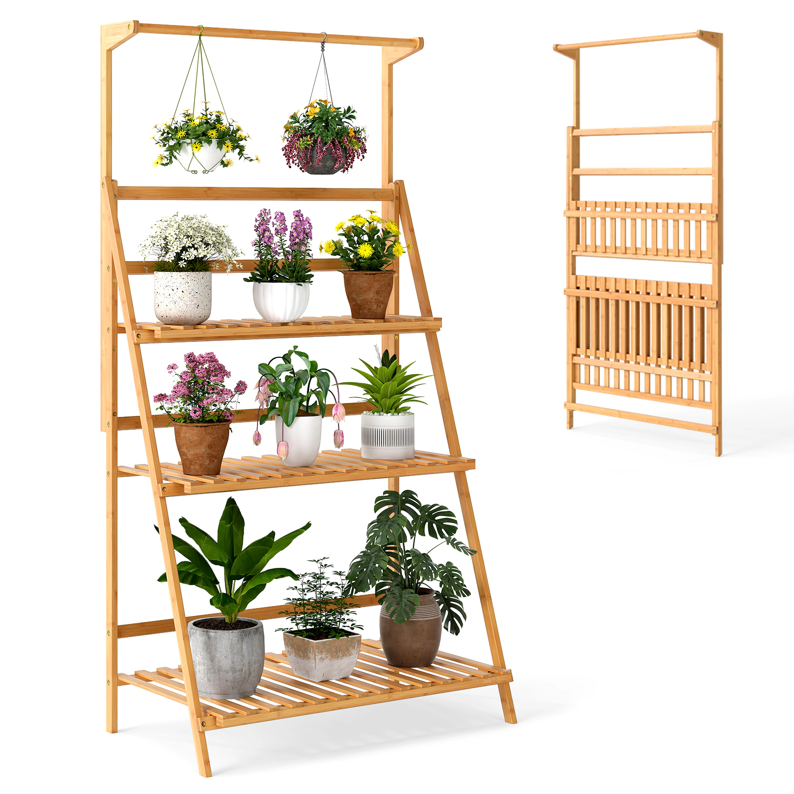 LJG 3 Tier Bamboo Hanging Plant Stand with Height Adjustable Hanger Rod