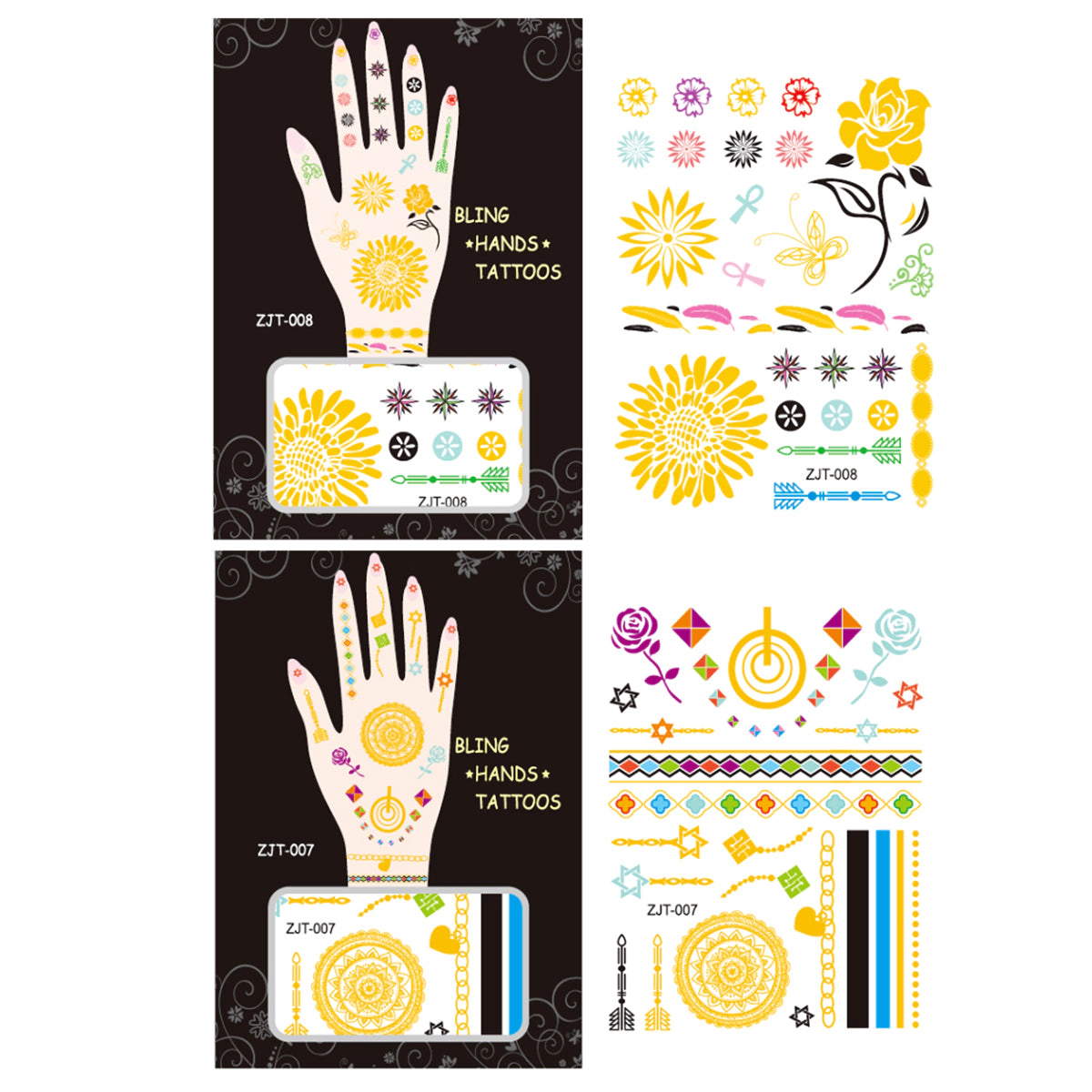 Wrapables Trendy Temporary Metallic Hand Tattoos, Floral and Mandala
