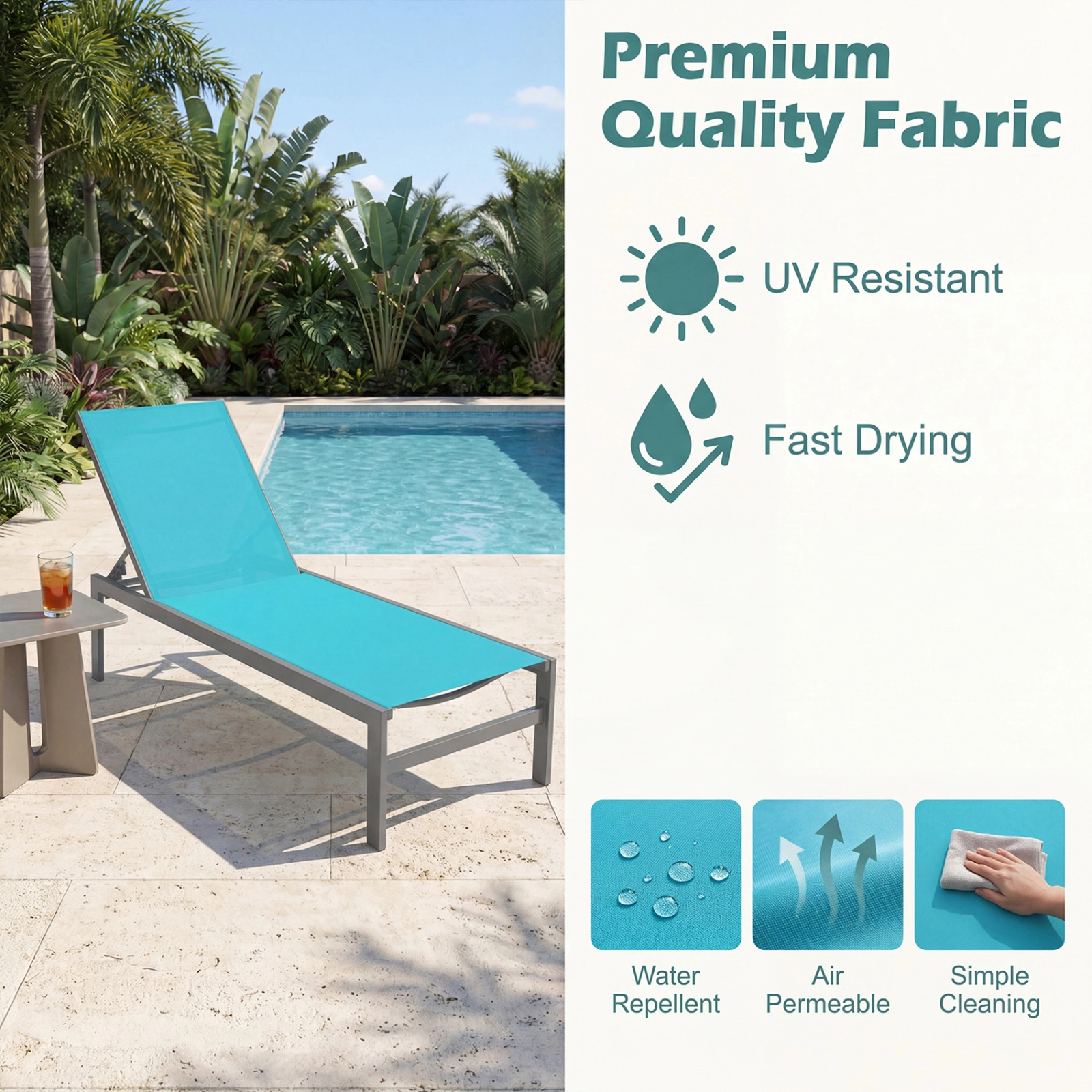 SUGIFT 6-Position Adjustable Chaise Lounge Chair with Rustproof Aluminum Frame 300-lb Capacity 78-in Length Turquoise