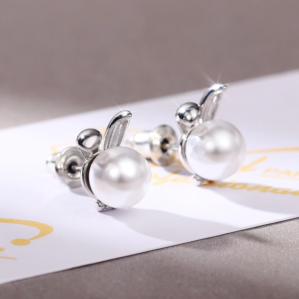 Wardrobe Whimsy Dainty Cute Rabbit Shape Imitation Pearl Stud Earrings Sweet Animal Jewelry