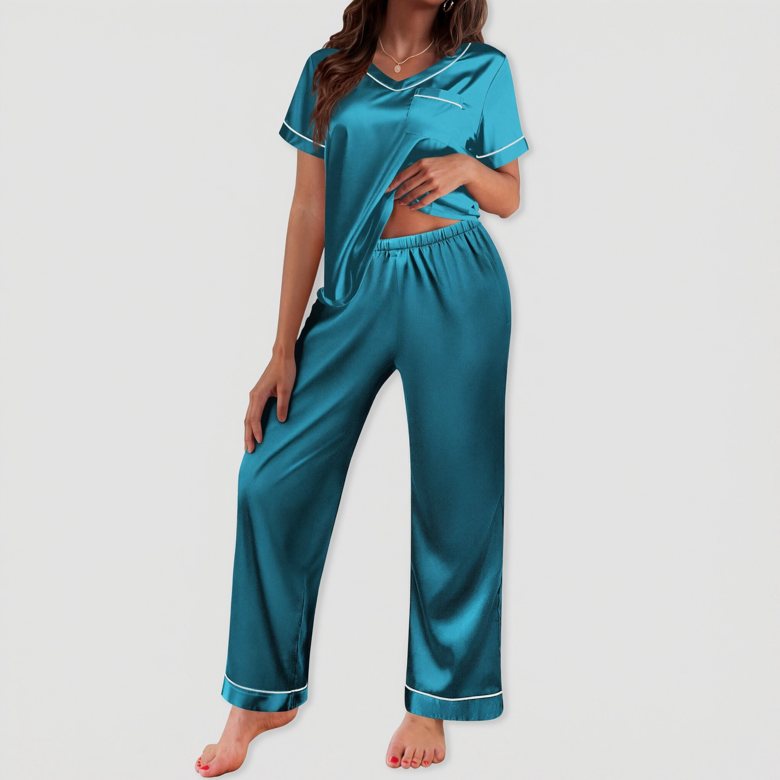 Ekouaer Pajamas for Women Short Sleeve Silk Pajama Sets Soft Sleepwear Top with Causal Long