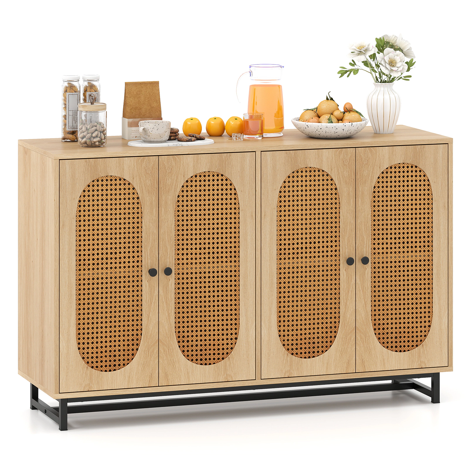 Glintex 50-Inch Buffet Sideboard with 4 Rattan Doors and 242-Lb Capacity, Natural