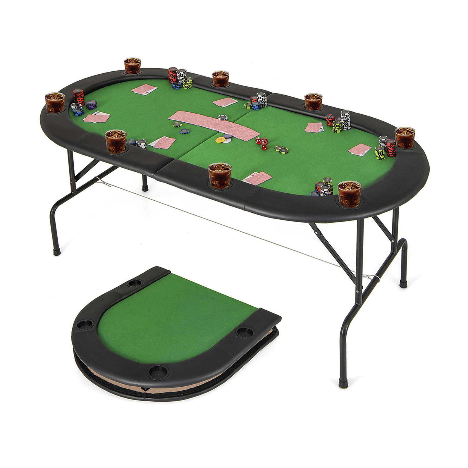 SUGIFT Green 8-Player Foldable Poker Table with 8 Cup Holders and Padded Armrests 72-in W 36-in D 30-in H