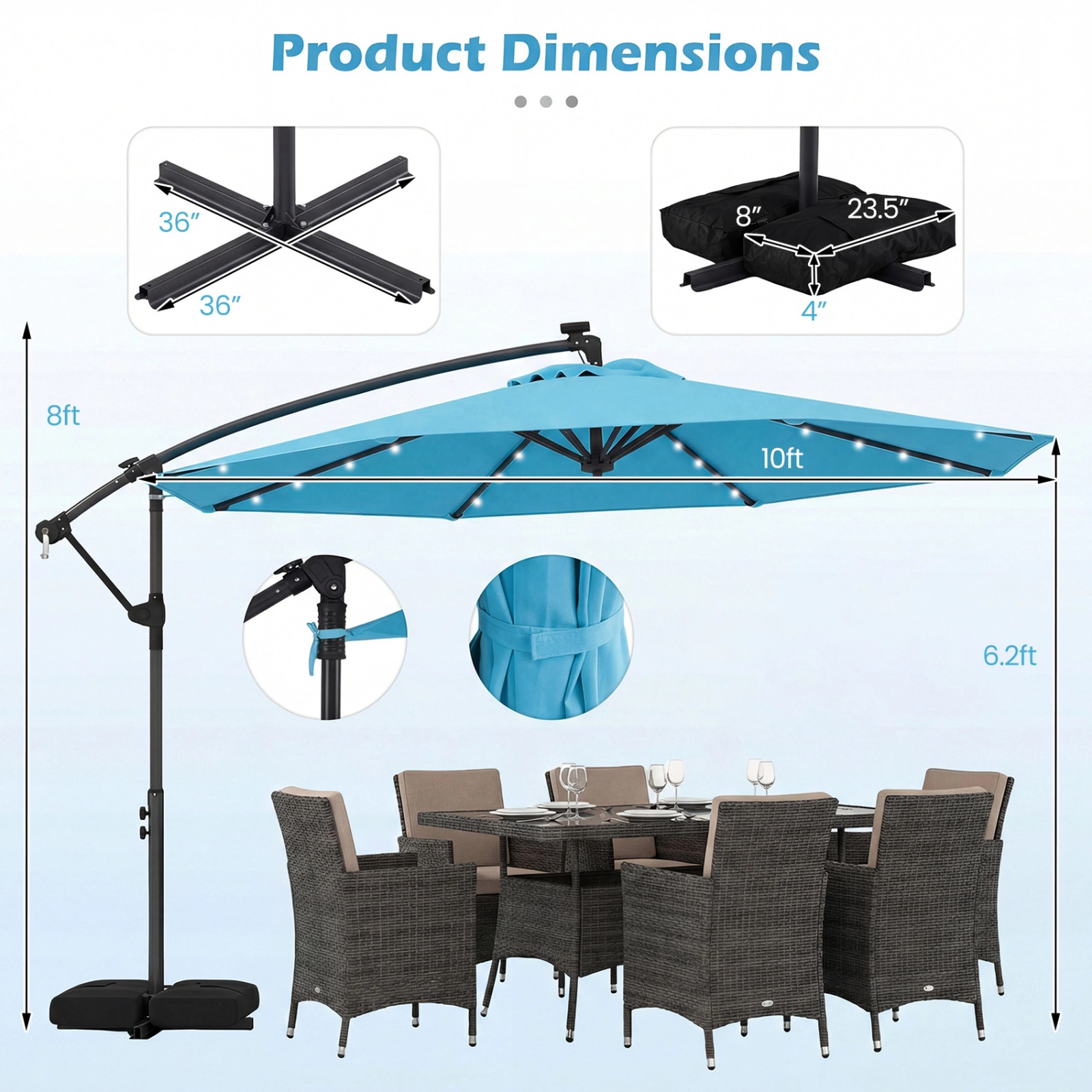 SUGIFT 10-ft Gray Solar LED Offset Cantilever Patio Umbrella with Weighted Cross Base 6.2-ft Rim Height