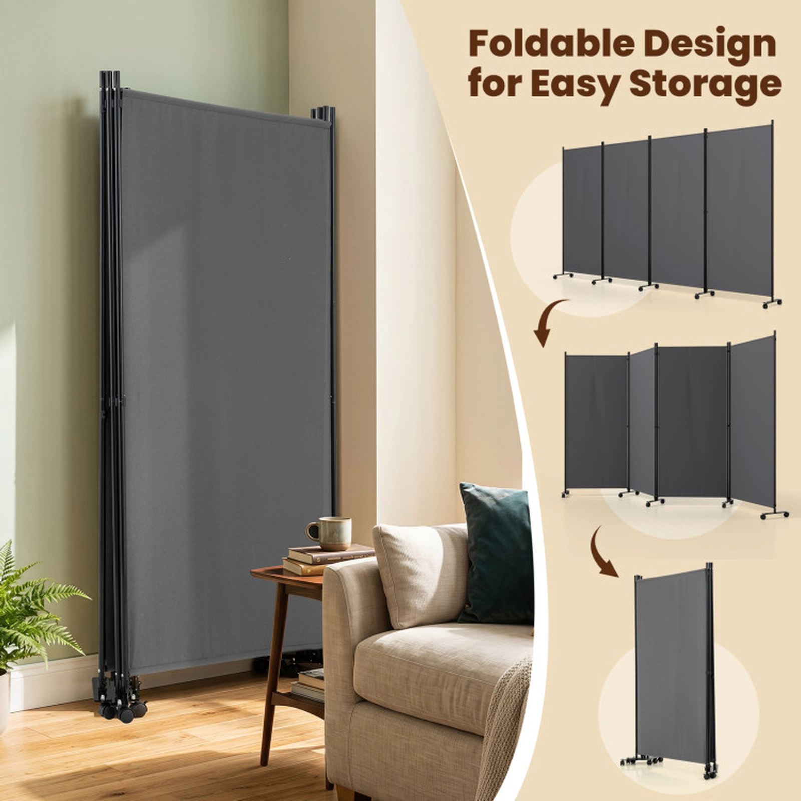 SUGIFT 4-Panel Non-See-Through Fabric Folding Privacy Screen Room Divider 137-in x 12-in x 71.5-in 22-lb Gray