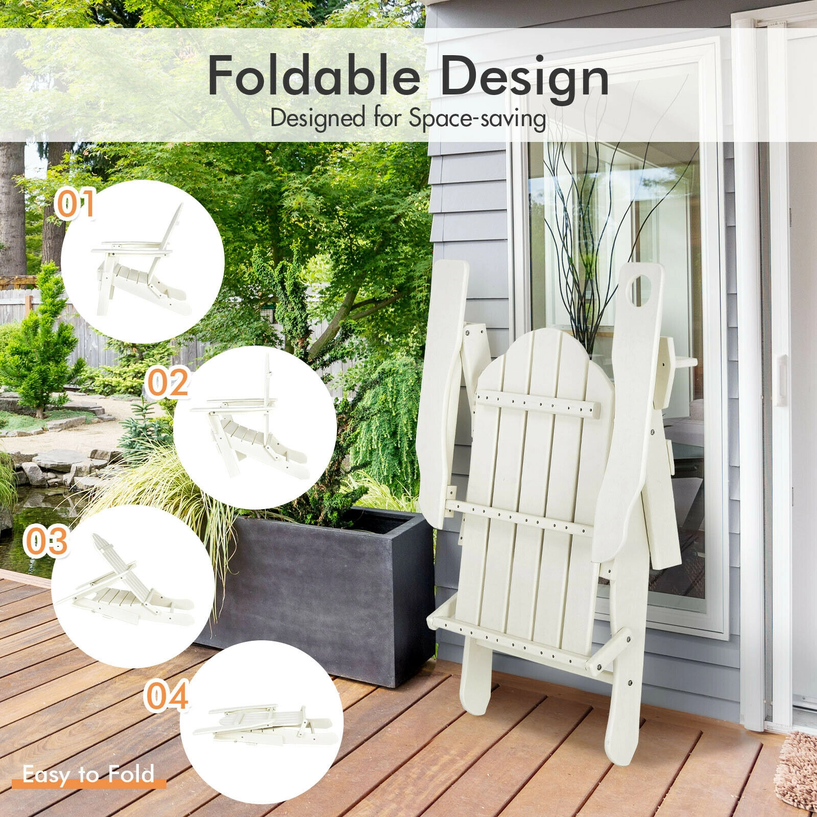 SUGIFT Foldable Weather Resistant PE Adirondack Patio Chair with Cup Holder 330-lb Capacity White