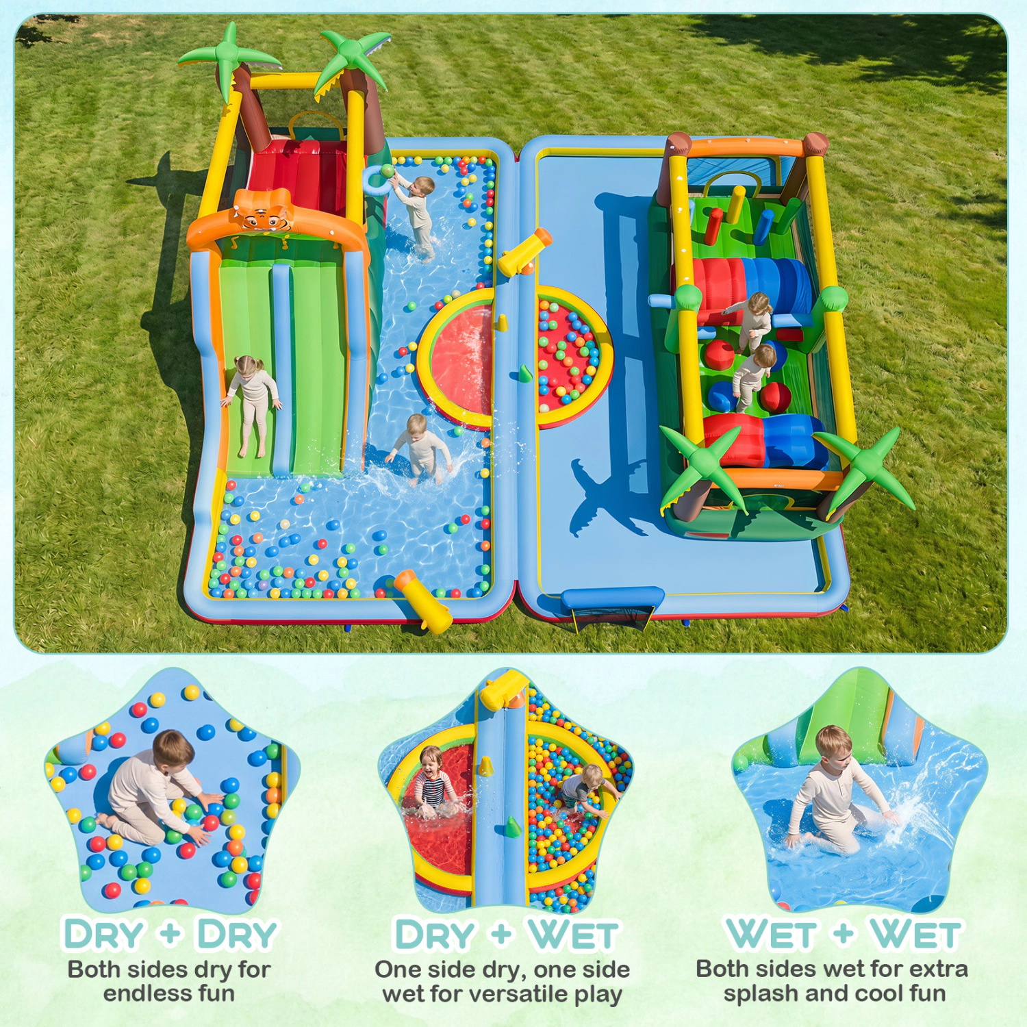 LJG Kids Tiger Inflatable Water Park Obstacle Bounce House with 2 Blower