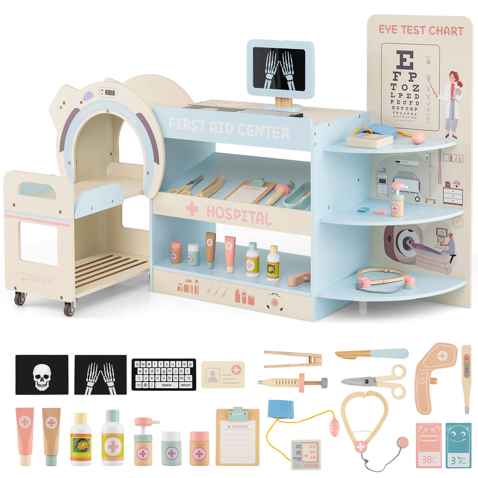 Hivvago Kids Doctor Play Set Wooden Pretend Hospital Office Kit with Eye Chart Toy CT Machine