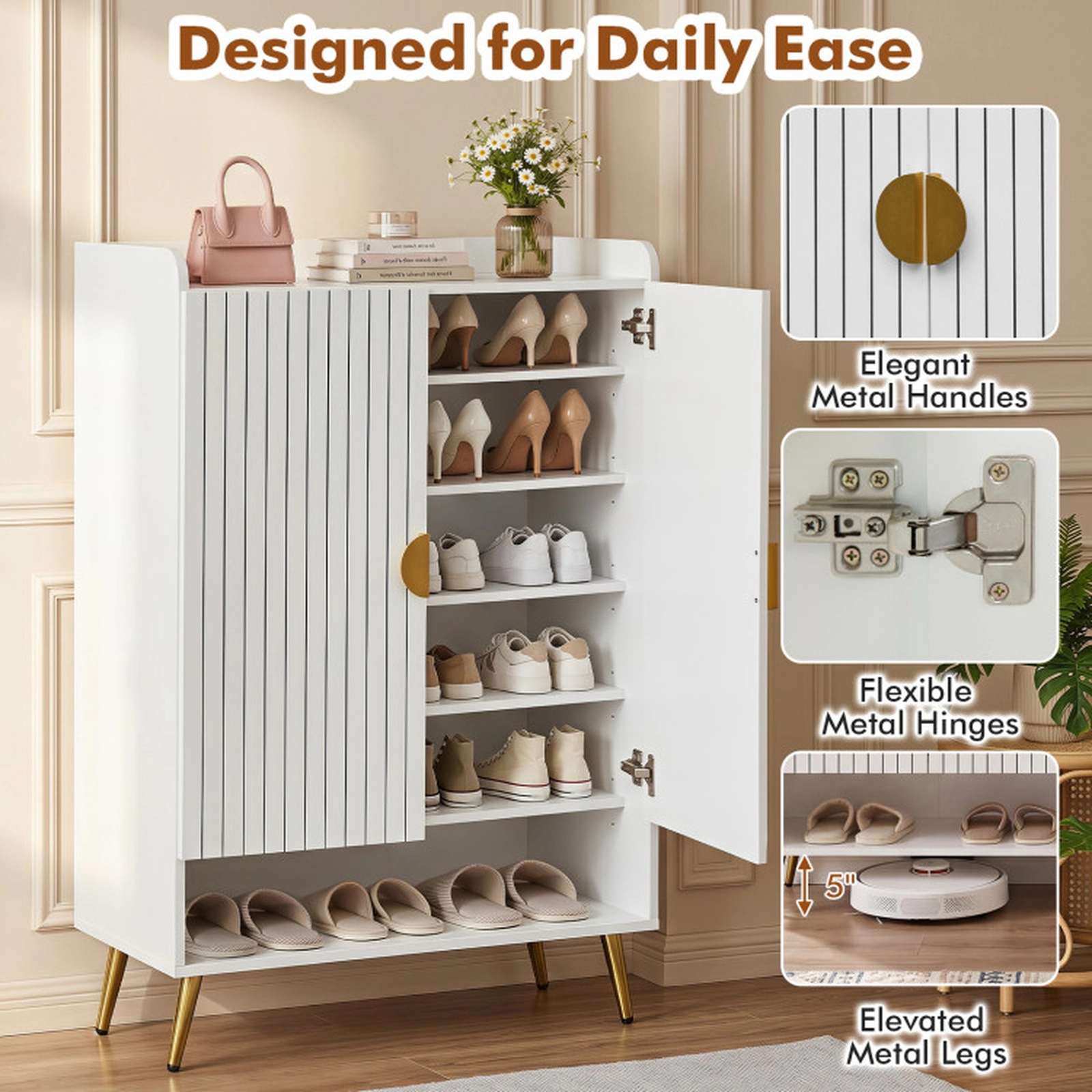SUGIFT 44-in Tall Shoe Storage Cabinet with 7-Tier Doors and Adjustable Shelves 110-lb Capacity 30-in Wide 1-Piece White