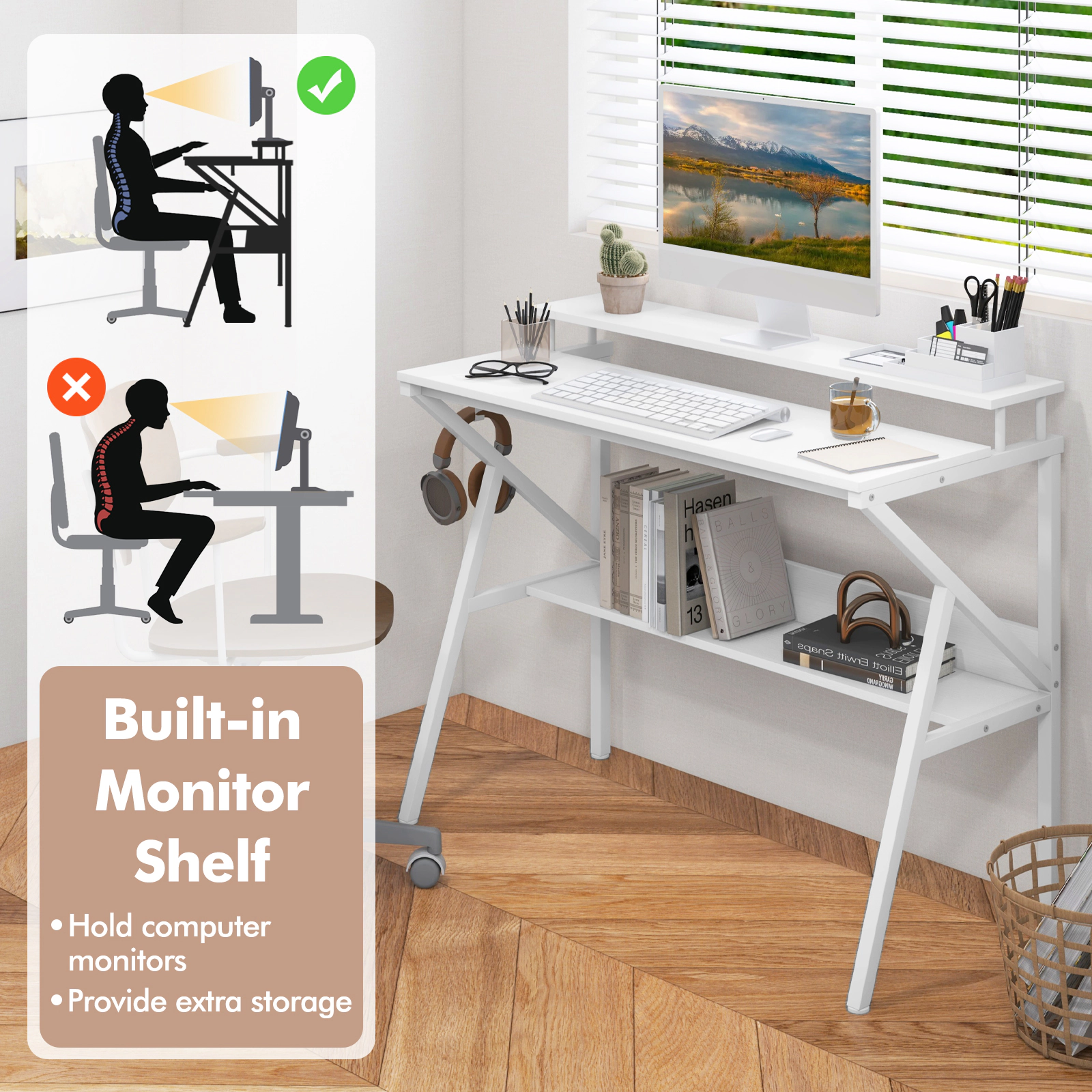 SUGIFT 39.5-Inch Computer Desk with Monitor Stand, Bottom Shelf and Removable Hook