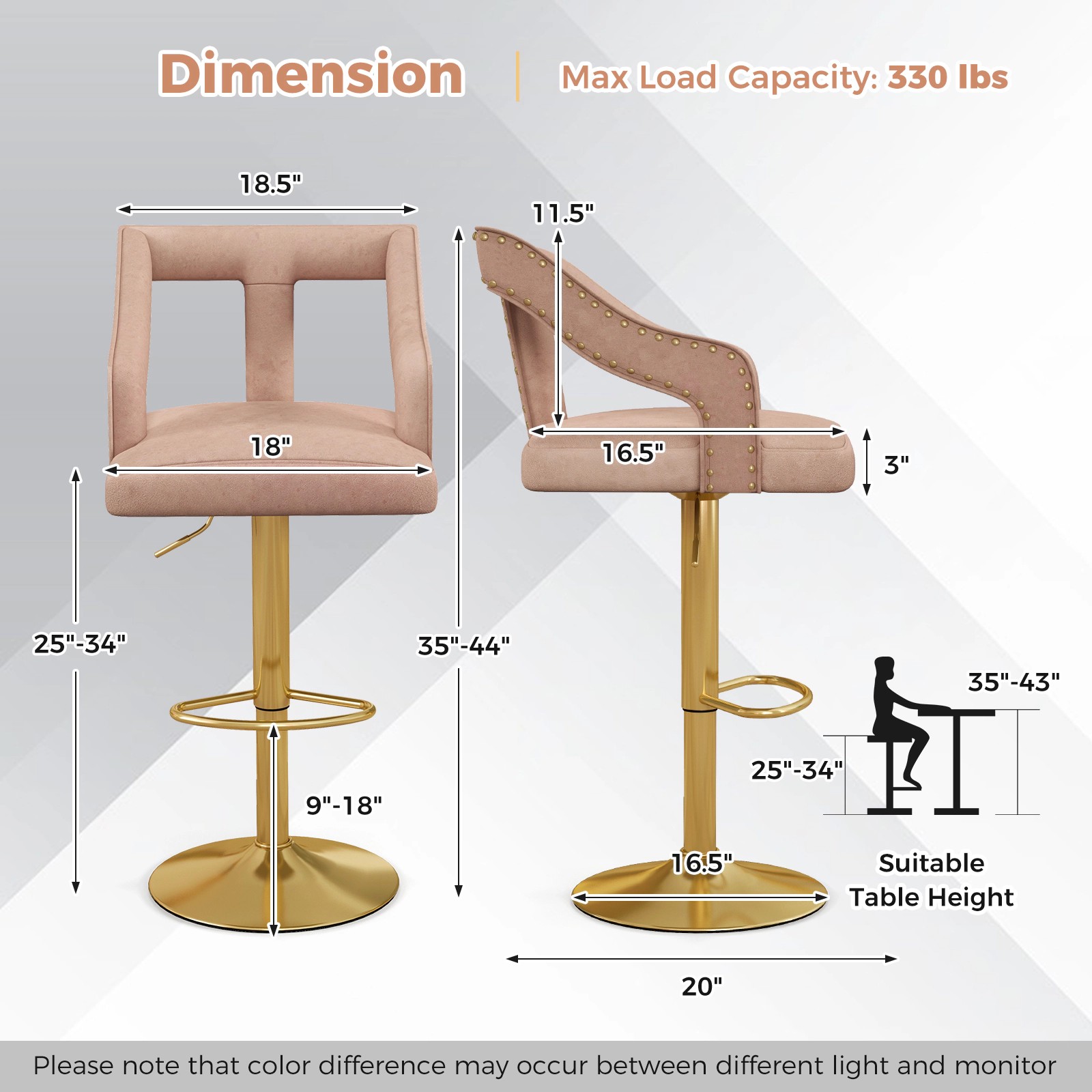 SUGIFT Set of 2 Pink Adjustable Velvet Swivel Bar Stools, 25-34 in Seat Height, Gold Two-Tier Base