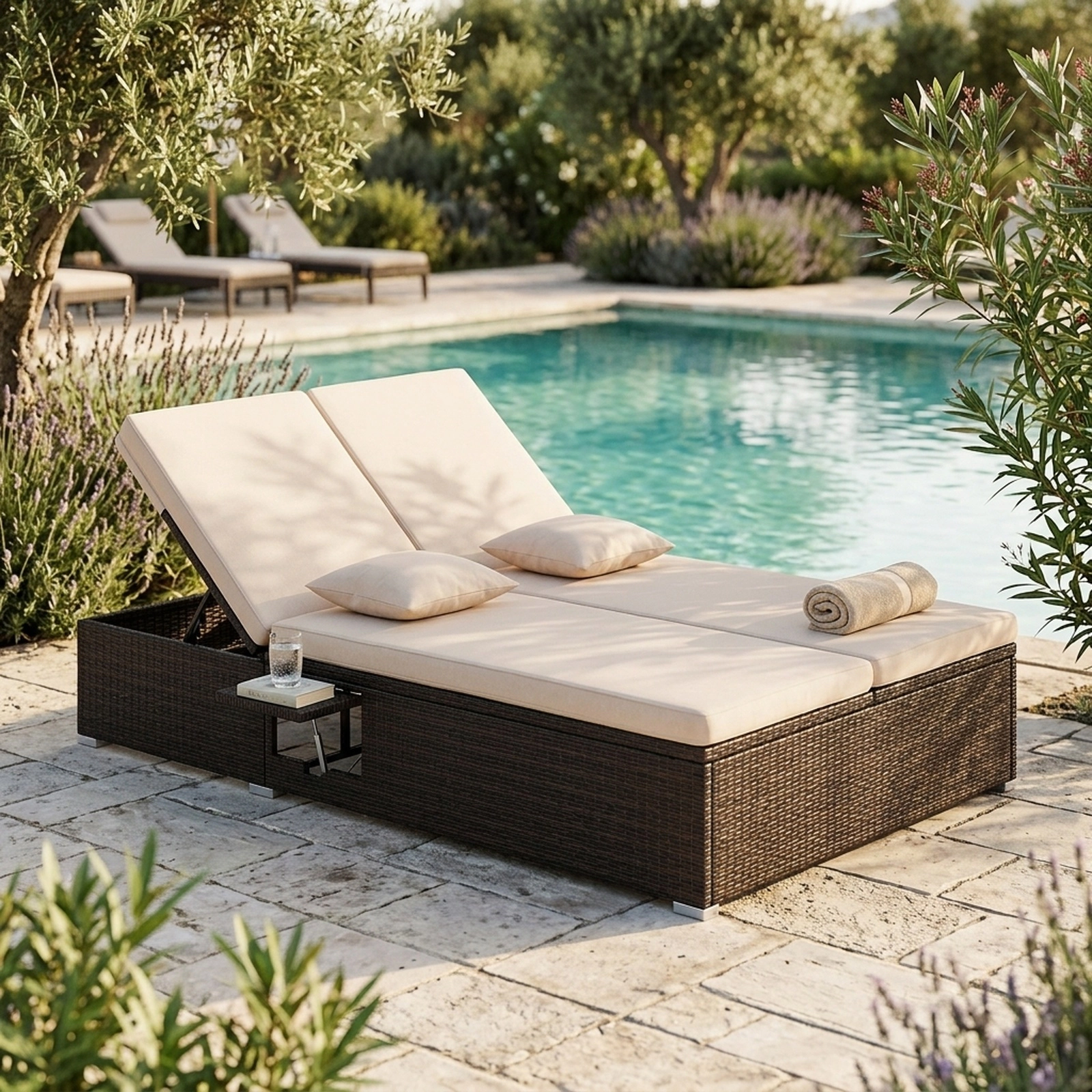 Patio Double Chaise Lounge Outdoor Daybed for 2 with PE Rattan 6-Level Dual Backrests Cushions Beige