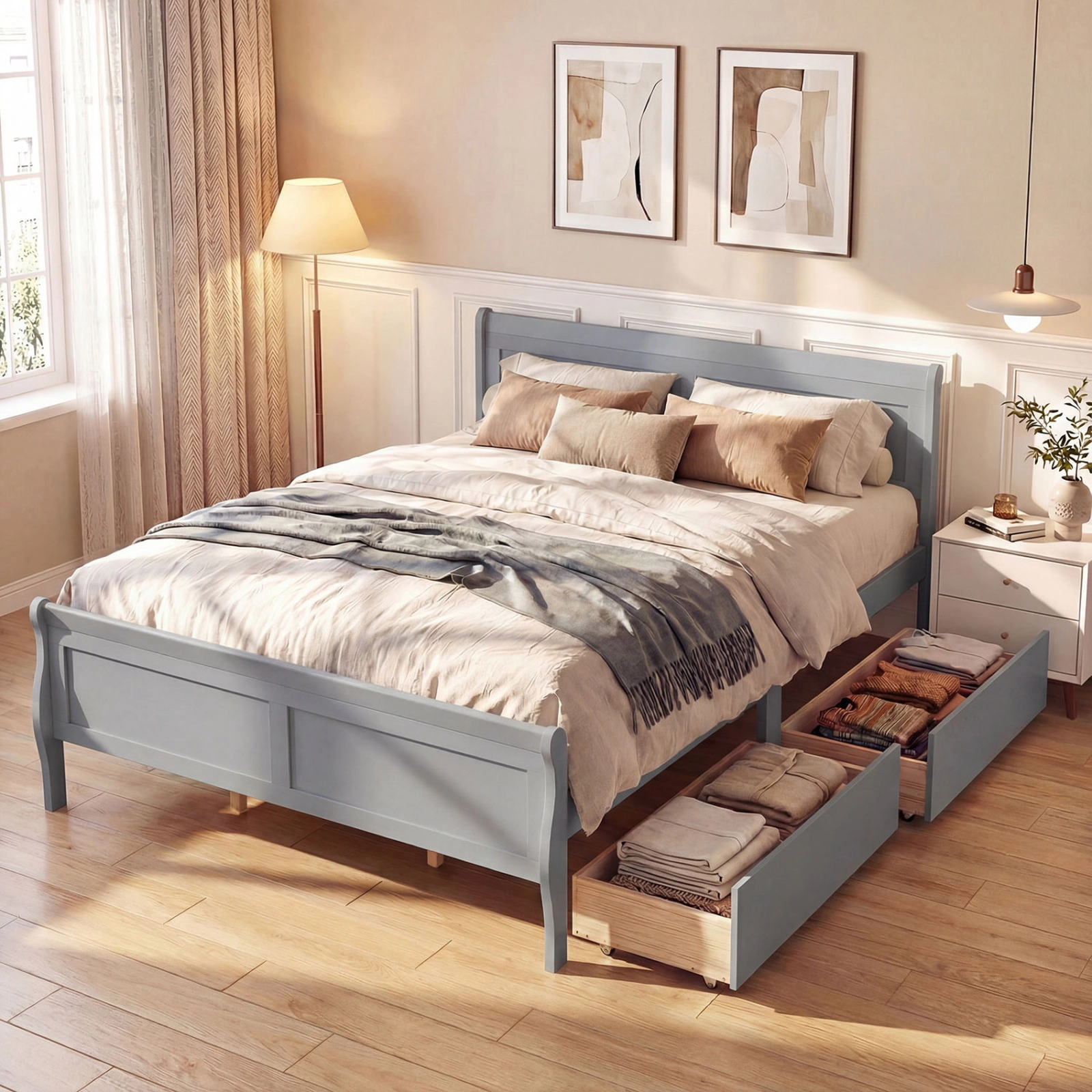 SUGIFT Queen Size Bed Frame with Modern Headboard Footboard and 2 Storage Drawers 350-Lb Capacity Gray