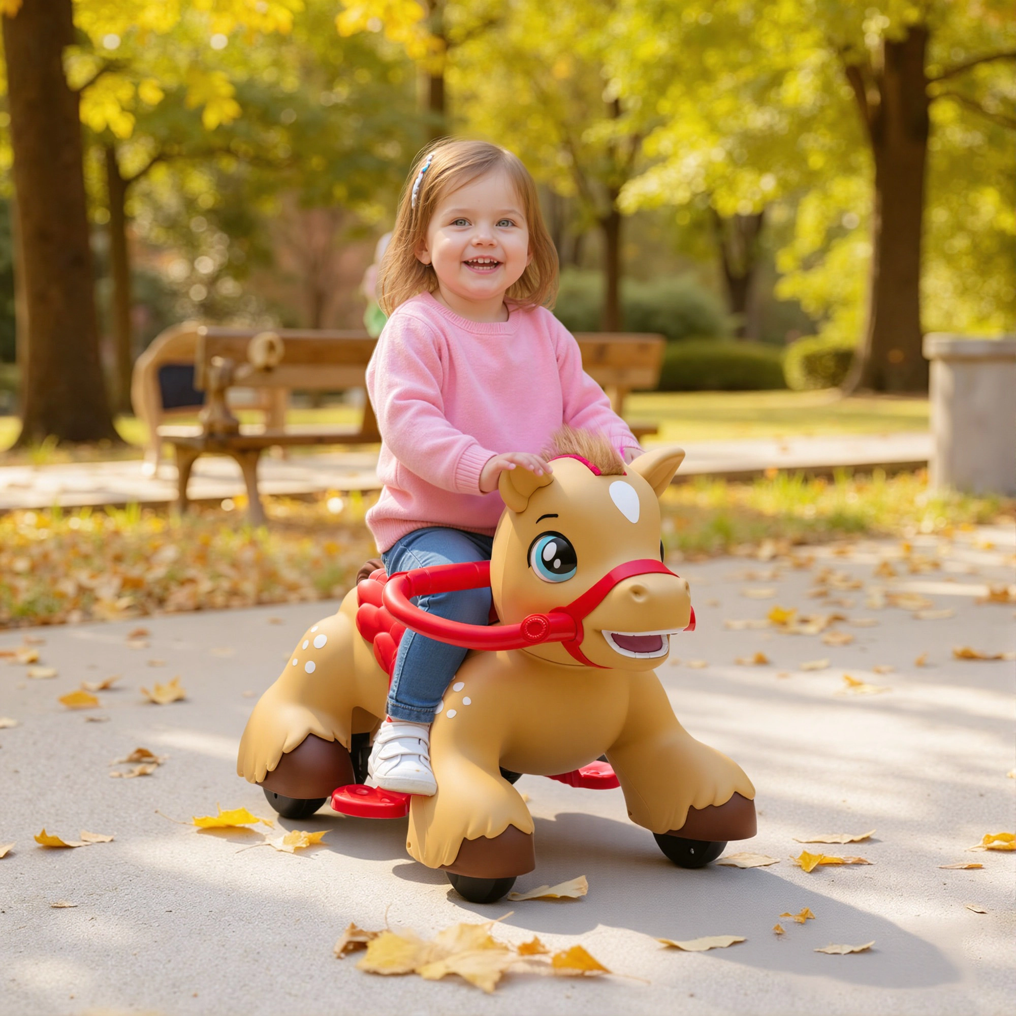 HONGGE Ride On Horse Toy, 12V Battery Powered Ride-On with Sound, Carrot Feeding Play, Foot Pedal, Brown