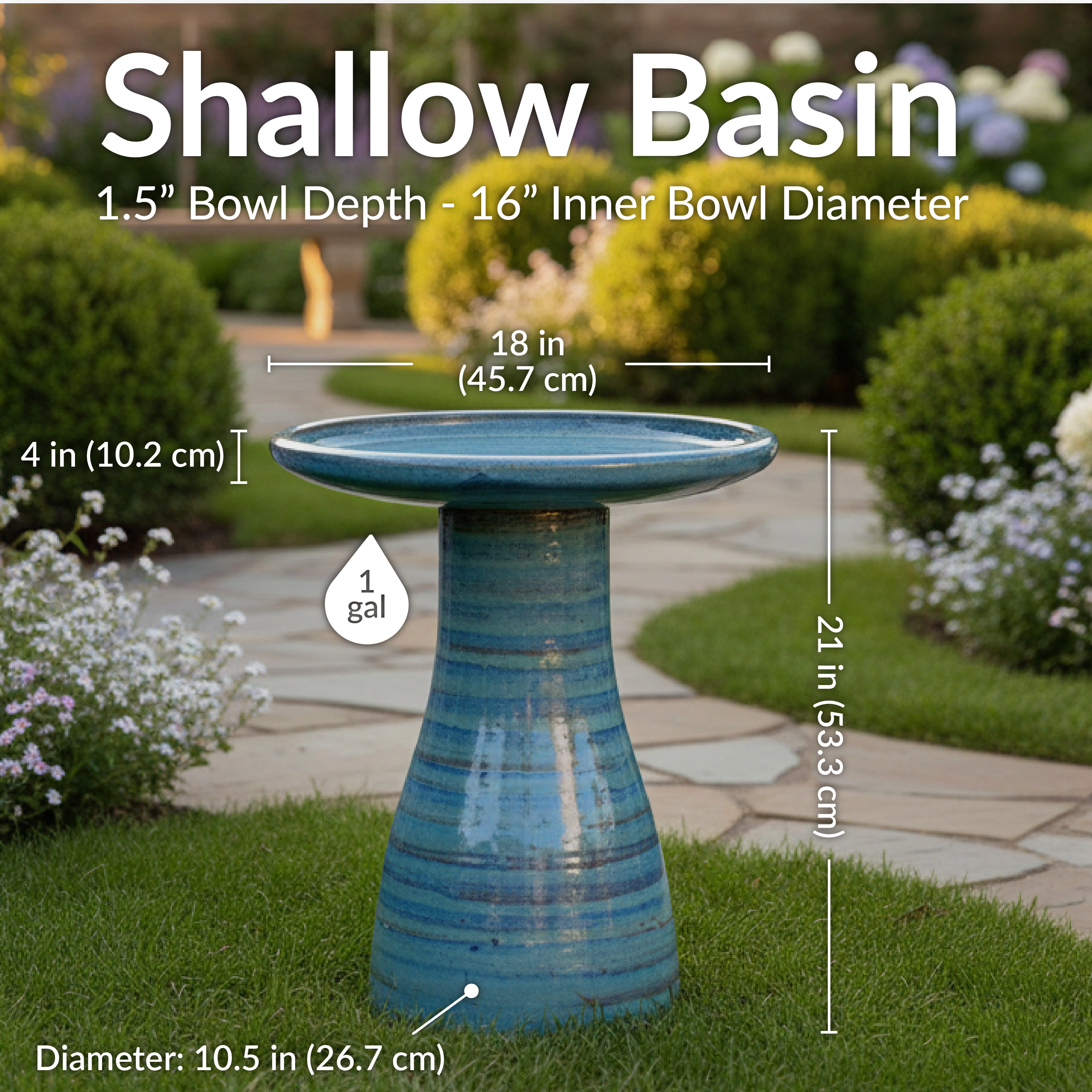 Sunnydaze Ceramic Bird Bath, Weather-Resistant Finish, 21” H, Cloud Swirl