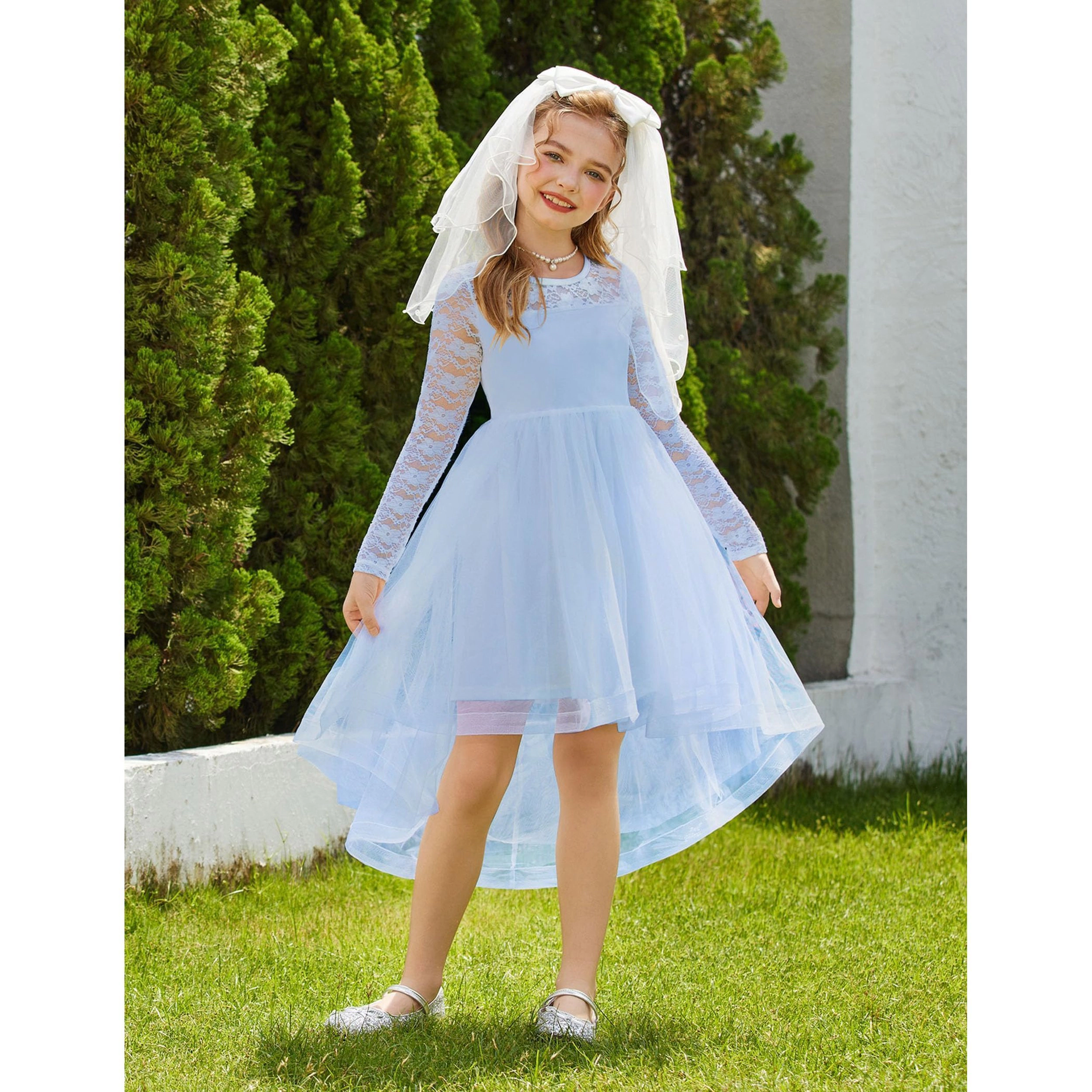 Arshiner Girl's Long Sleeve Lace Tutu Dress with High Low Hem