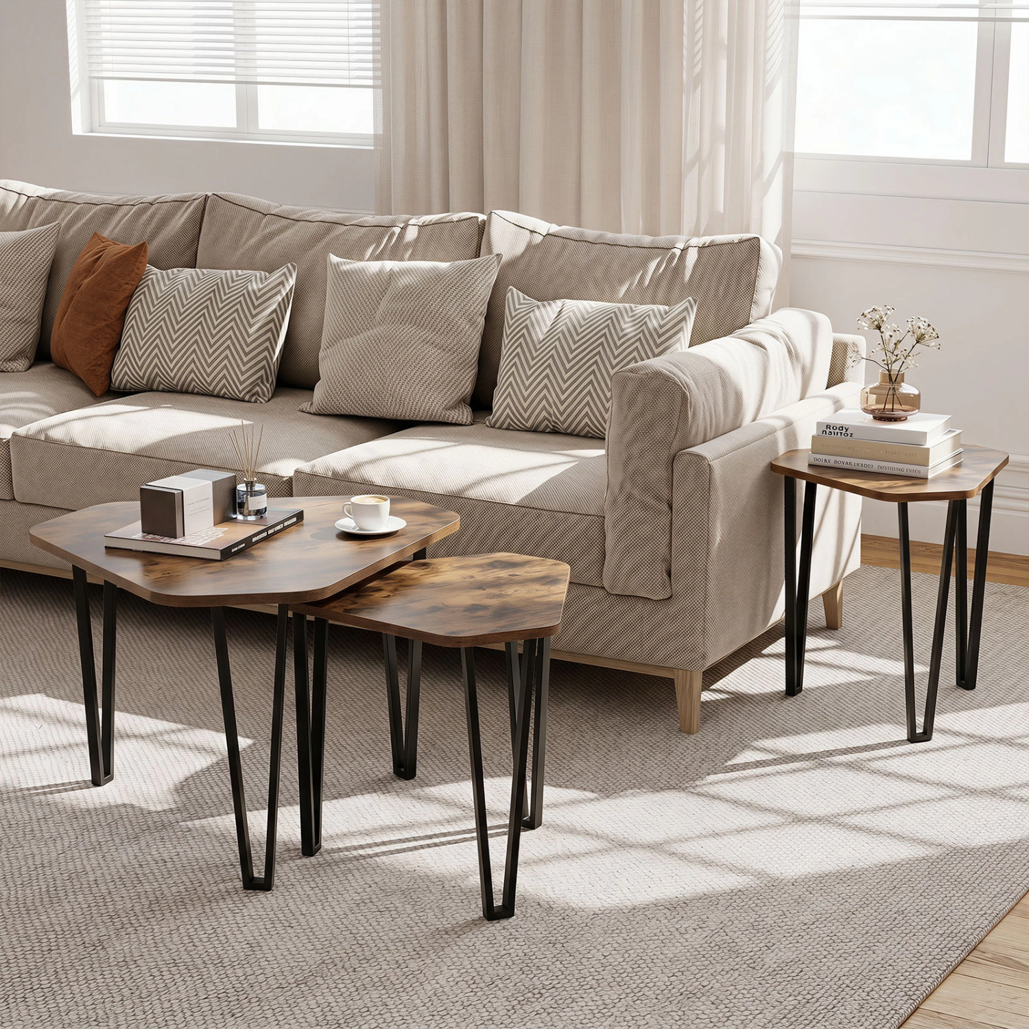 LJG Set of 3 Nesting Coffee Tables with Engineered Wood Top and Metal Frame for Living Room