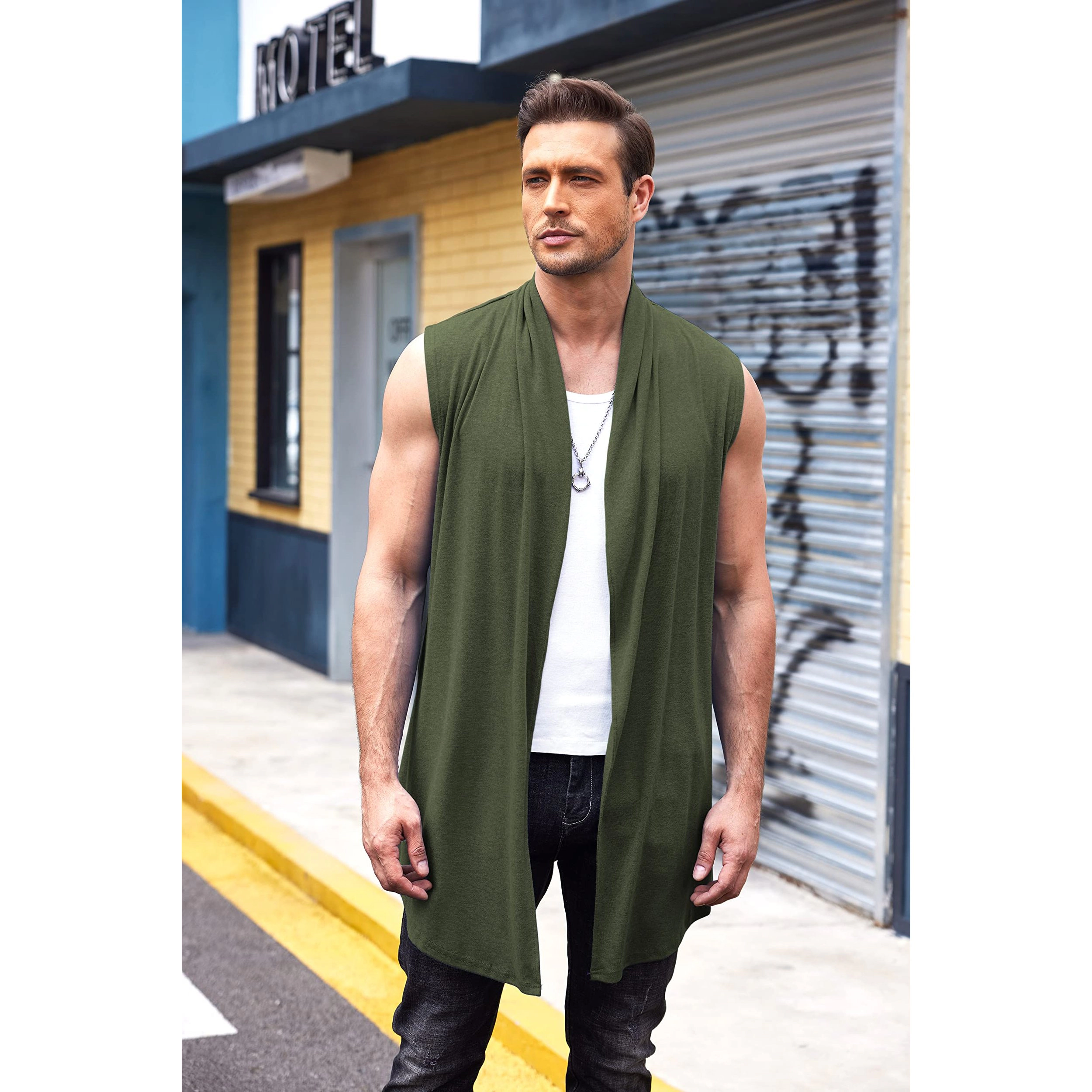 COOFANDY Men's Loose Fit Sleeveless Open Neck Long Cardigan Vest